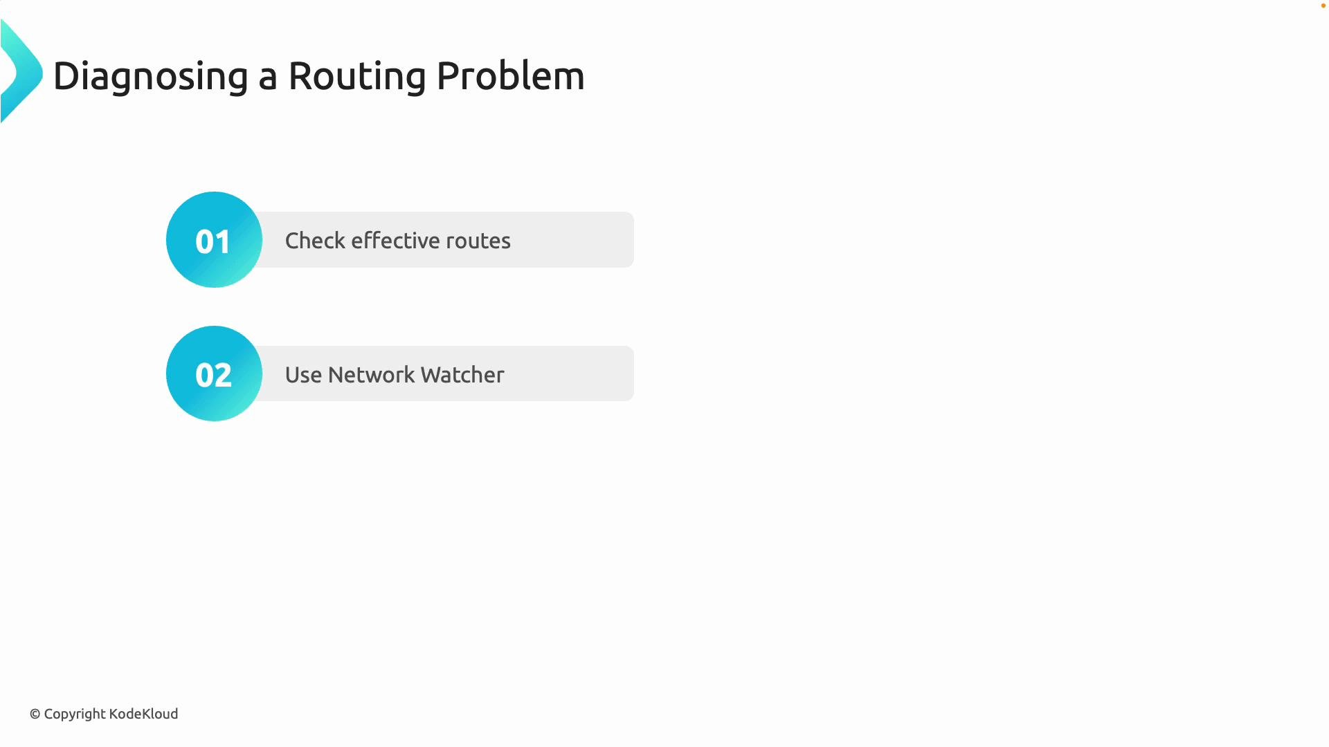 The image is a slide titled "Diagnosing a Routing Problem," listing two steps: "Check effective routes" and "Use Network Watcher."