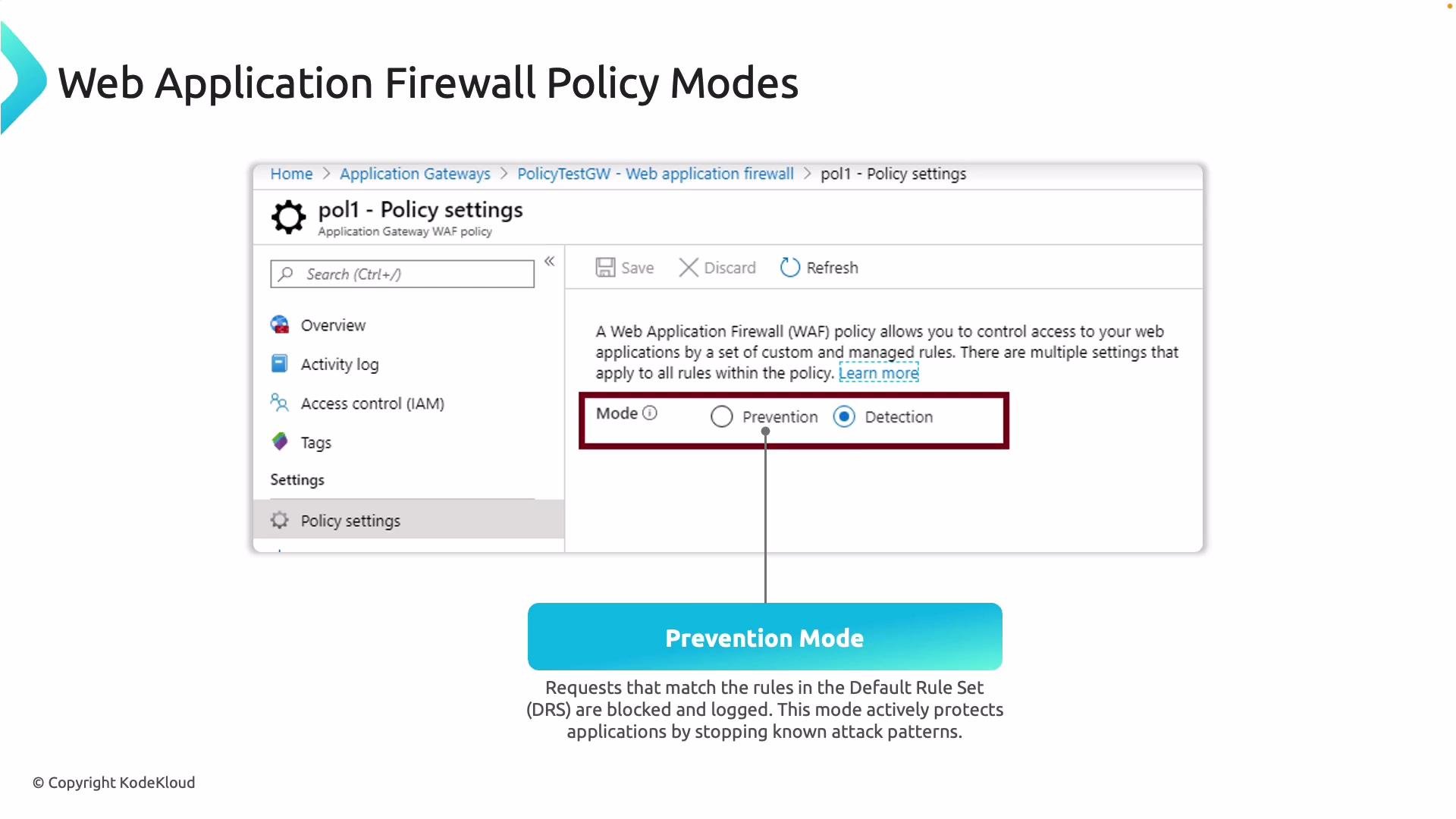 The image shows a web application firewall policy settings interface, highlighting the option to select between Prevention and Detection modes. Prevention mode is described as blocking and logging requests that match rules in the Default Rule Set.