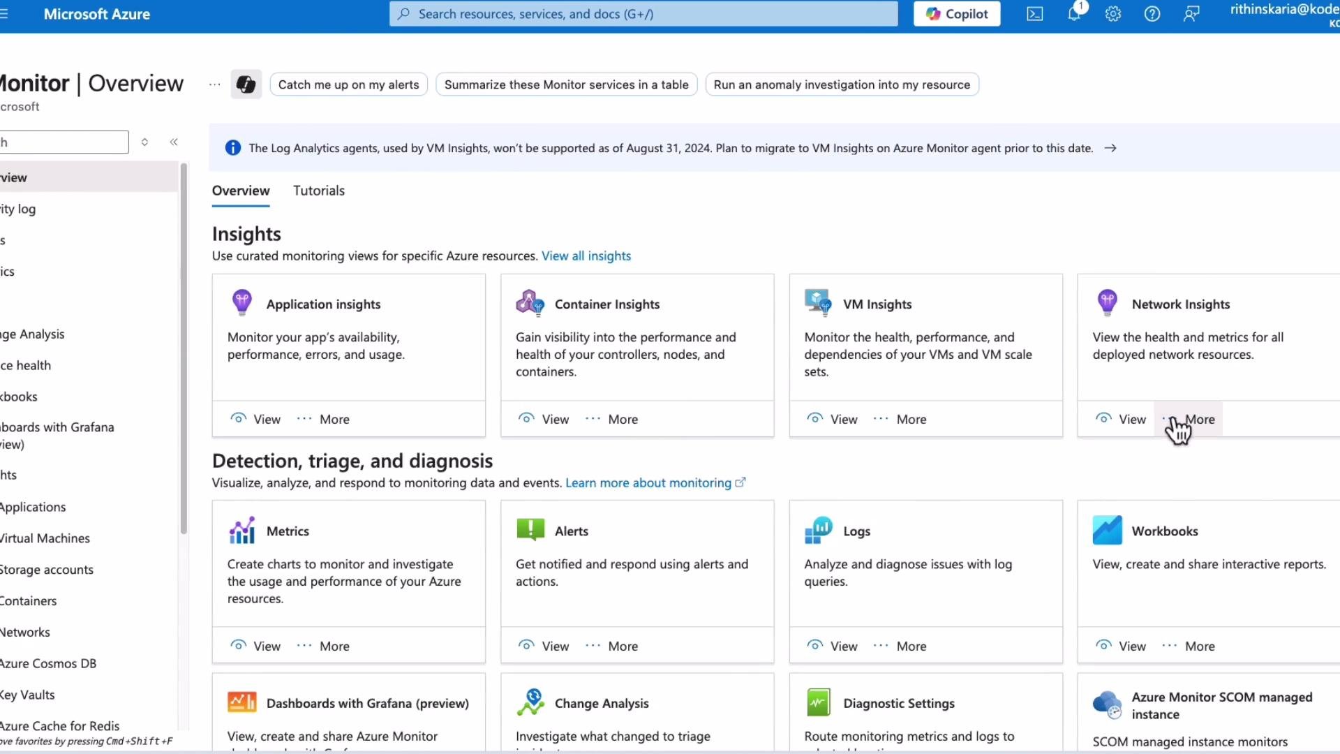 The image shows the Microsoft Azure Monitor overview dashboard, displaying options like "Application Insights," "Container Insights," and "VM Insights," along with monitoring and diagnostic tools such as "Metrics," "Alerts," and "Logs."