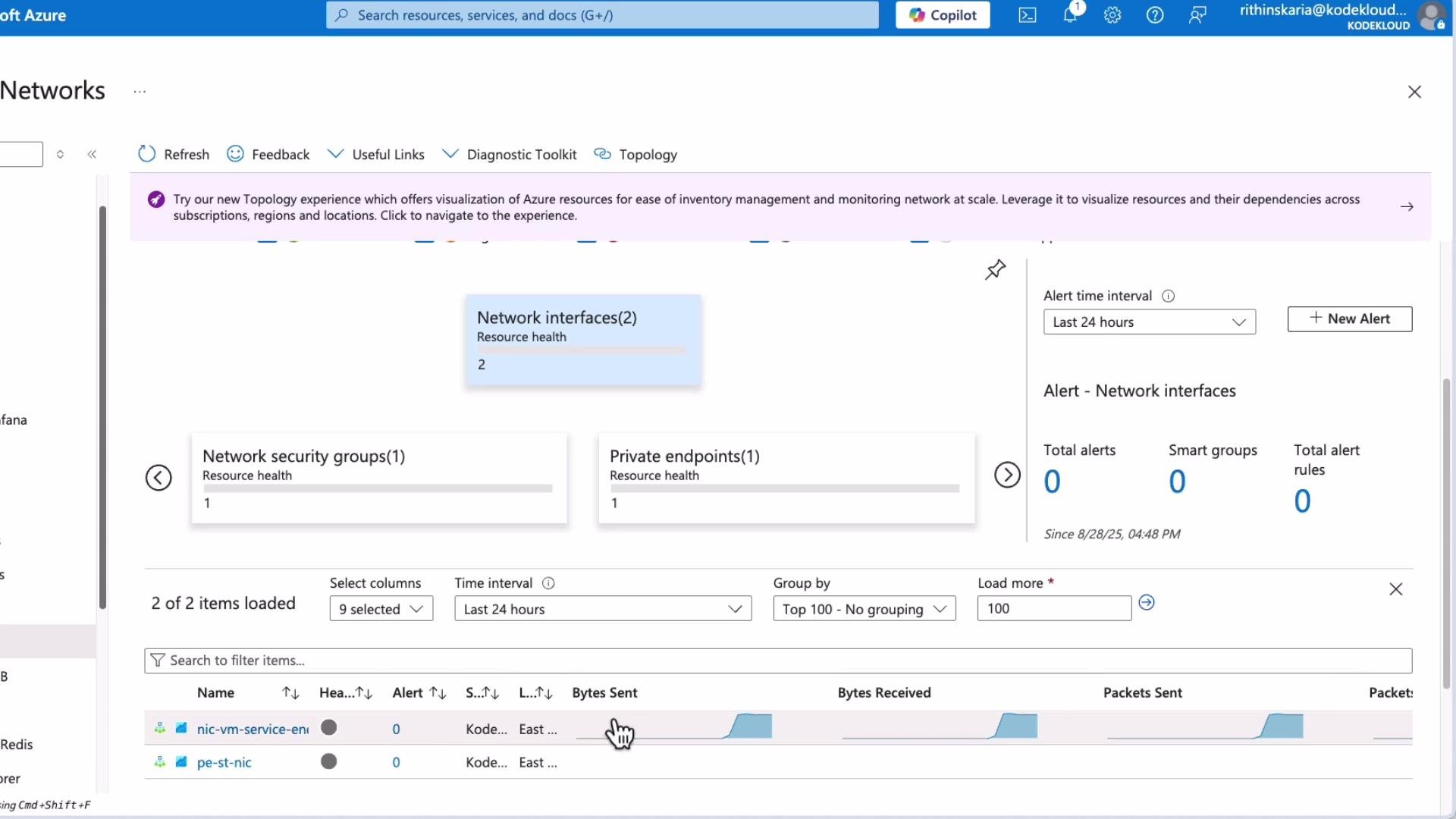 The image shows a Microsoft Azure interface focusing on network resources, displaying network interfaces, security groups, and private endpoints along with their health status and alerts. There are no active alerts, and the network activity is shown with bytes sent and received.