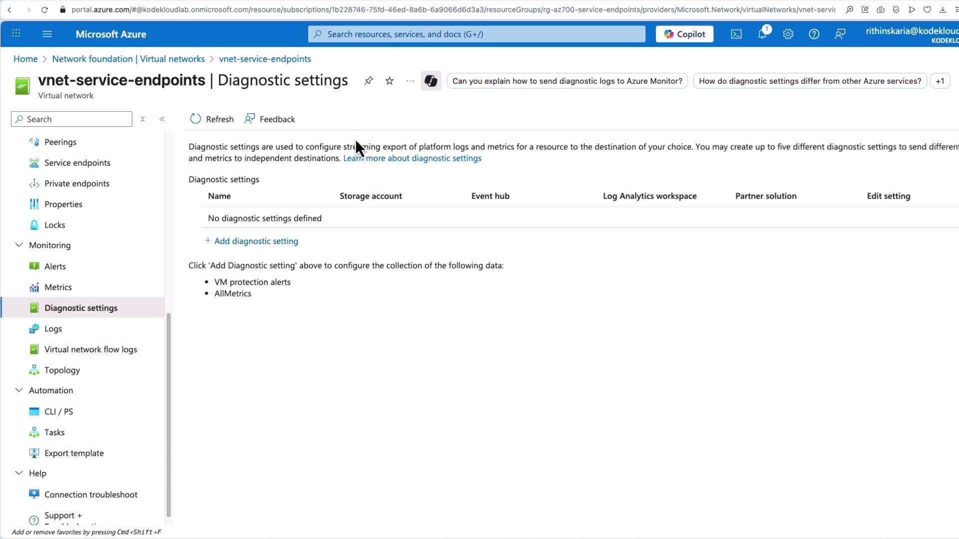 The image shows the "Diagnostic settings" page of the Azure portal for a virtual network named "vnet-service-endpoints." There are no diagnostic settings defined, and options to add a diagnostic setting are visible.