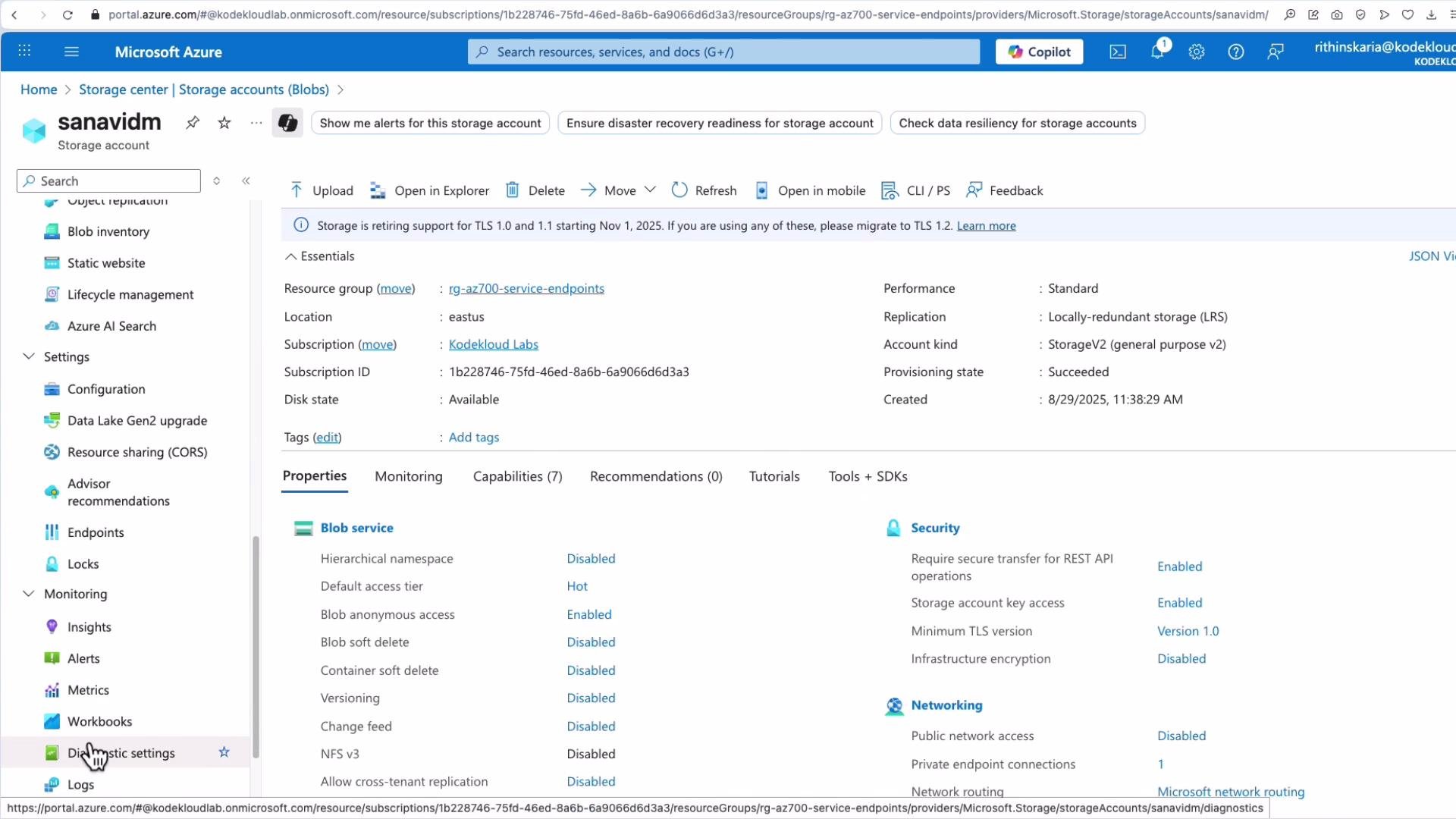 The image shows a Microsoft Azure portal page detailing a storage account named "sanavidm," including properties like resource group, location, and replication settings. Various configuration and monitoring options are visible on the left sidebar.