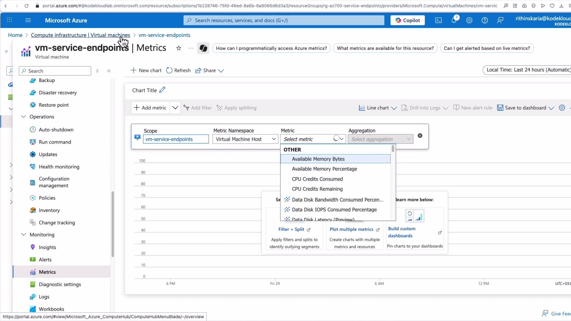 The image shows an Azure portal interface displaying metrics for a virtual machine service endpoint, with options for selecting different metrics like available memory and CPU credits.