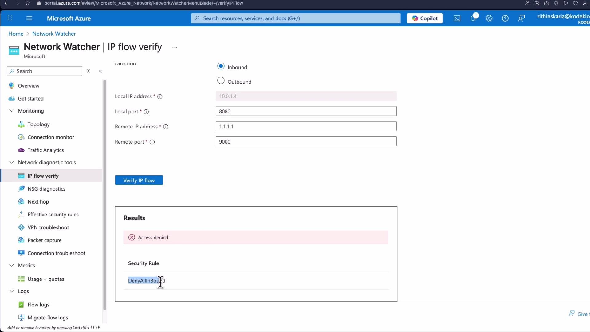 The image shows a Microsoft Azure "IP flow verify" tool interface with inputs for local and remote IP addresses and ports. The results section indicates "Access denied" due to a security rule labeled "DenyAllInBound."