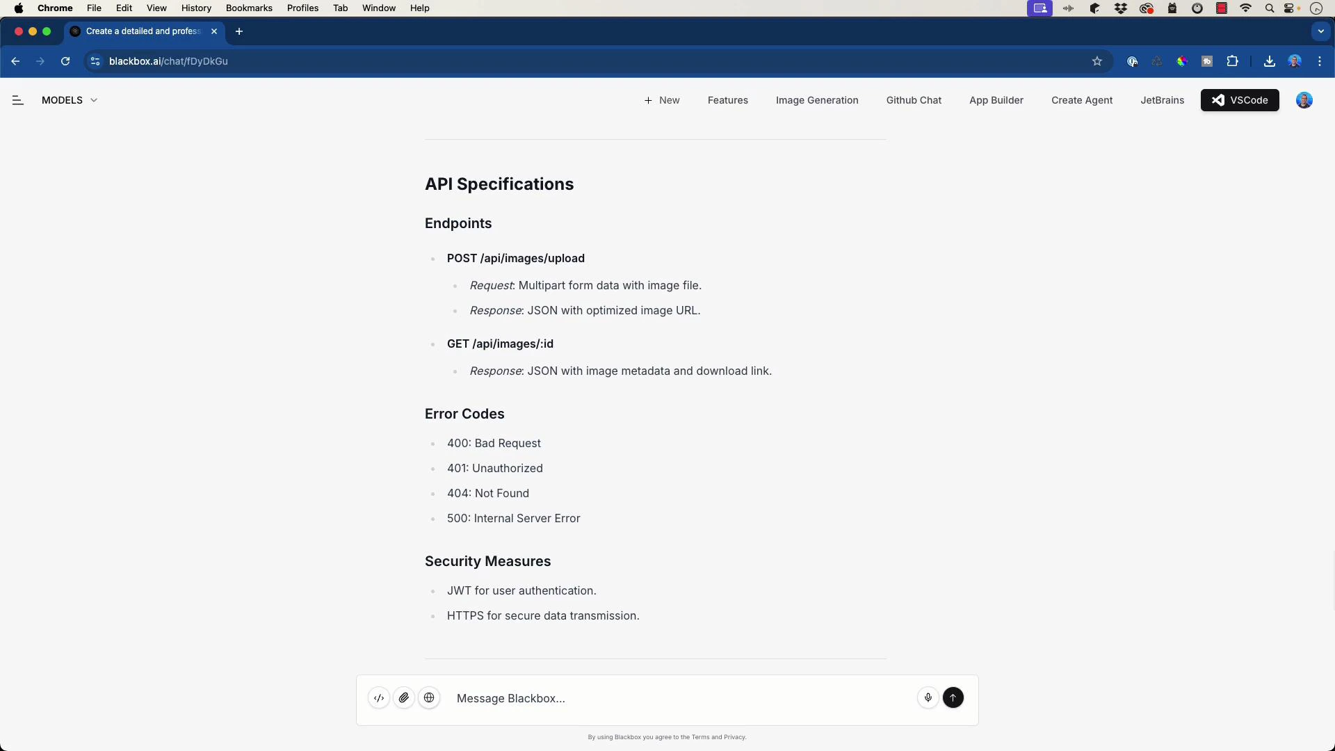 A browser window showing an "API Specifications" documentation page with
sections for Endpoints, Error Codes, and Security Measures. The page lists
POST/GET image endpoints, common HTTP error codes, and security notes like JWT
and
HTTPS.