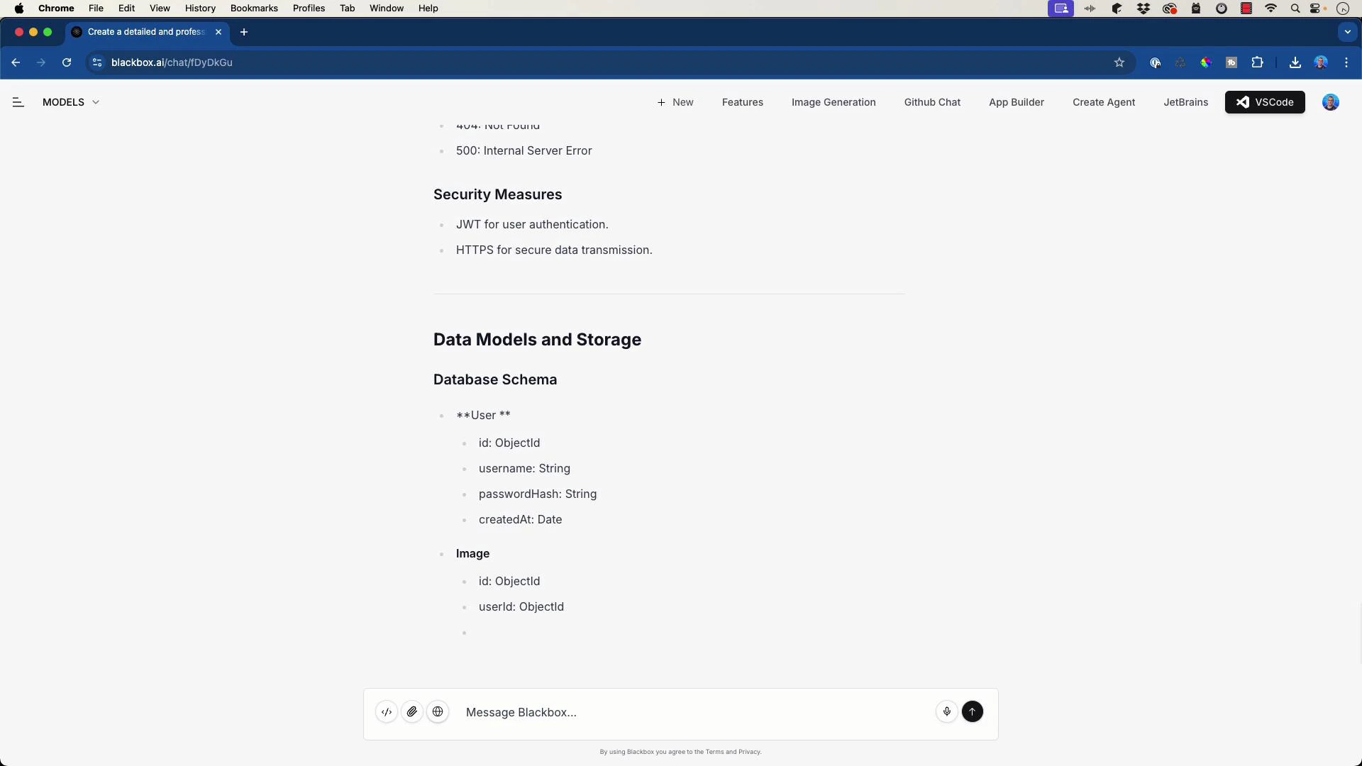 A screenshot of a documentation webpage in a Chrome browser showing "Data
Models and Storage" and a Database Schema with bullets for User (id, username,
passwordHash, createdAt) and Image (id, userId). The page also shows a top
browser toolbar and a message input bar at the
bottom.