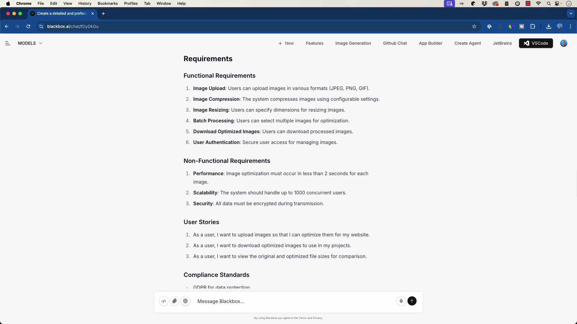 A screenshot of a web app page titled "Requirements" showing lists of
functional and non-functional requirements, user stories, and compliance
standards for an image optimization system. The page includes numbered items
like image upload, compression, resizing, batch processing, performance, and
security.