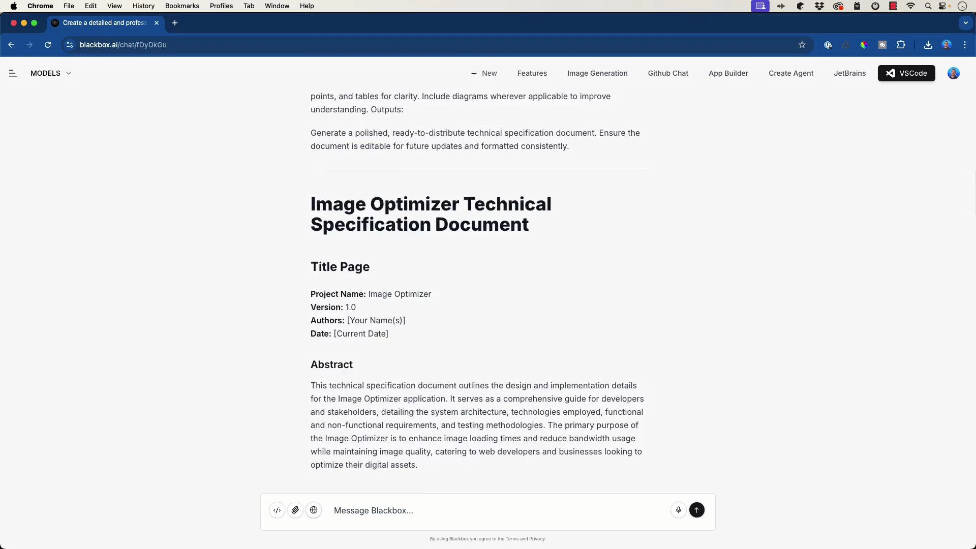 A screenshot of a Chrome browser showing a document titled "Image Optimizer
Technical Specification Document" with a title page and an abstract. The page
lists project metadata (name, version, authors, date) and has a message input
box at the
bottom.