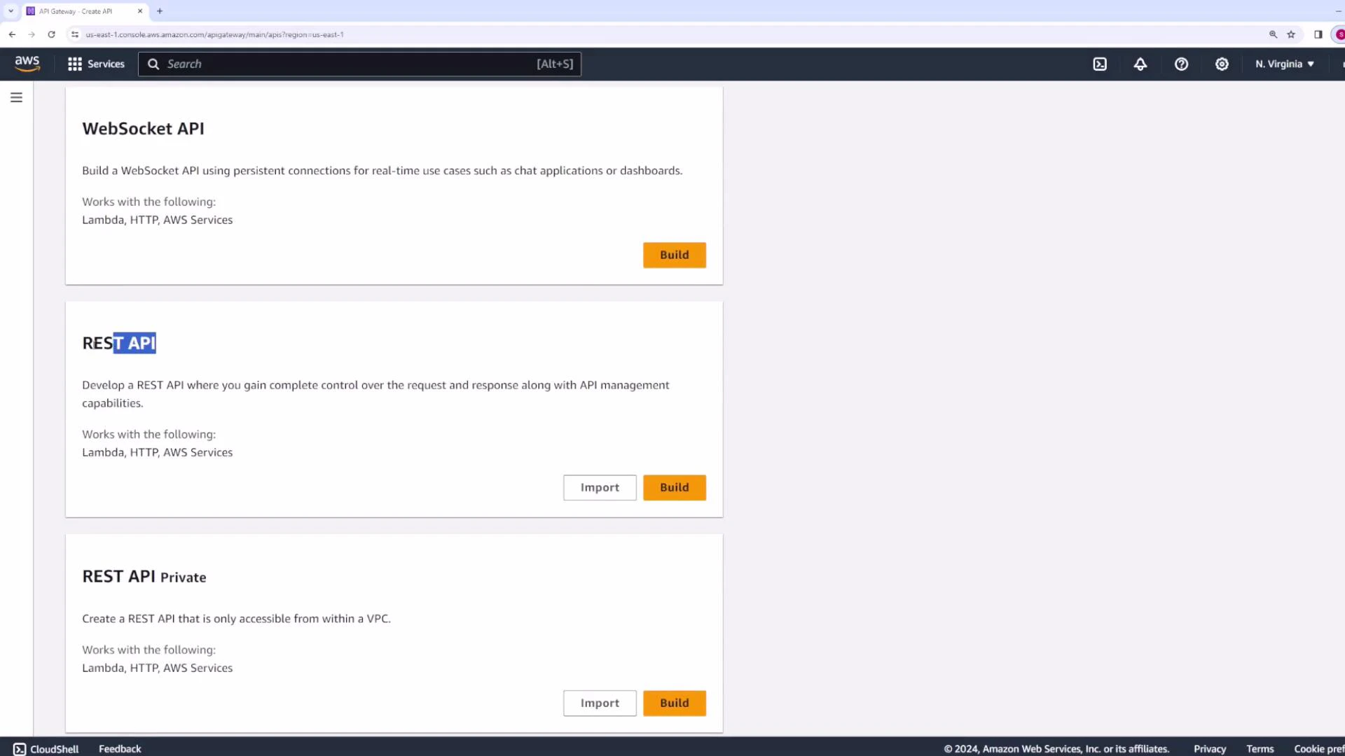 A screenshot of the Amazon Web Services API Gateway console showing options to create APIs, including WebSocket API, REST API, and REST API Private. Each option includes a brief description and buttons to "Build" or "Import."