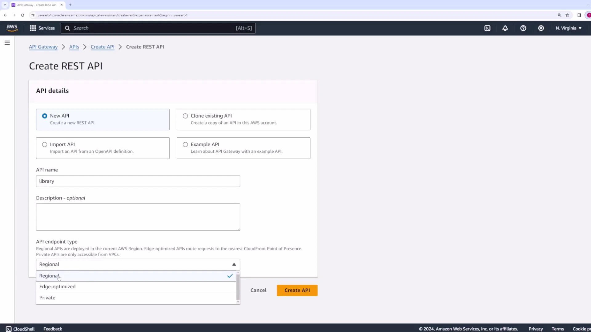 A screenshot of the AWS API Gateway "Create REST API" page showing form fields and options (New/Clone/Import/Example), an API name set to "library", and the API endpoint type dropdown with "Regional" selected. The "Create API" button is visible at the bottom.