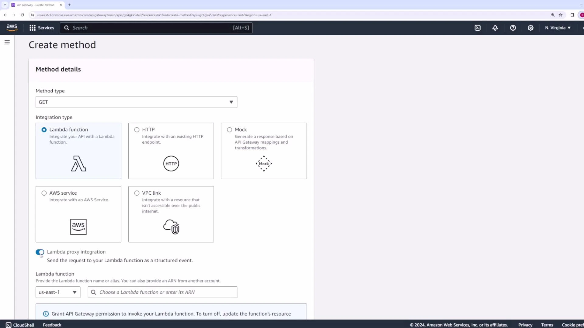 A screenshot of the AWS API Gateway "Create method" page showing a GET method with the Lambda function integration selected and the Lambda proxy integration enabled. Other integration options (HTTP, Mock, AWS service, VPC link) and a Lambda function selector are also visible.