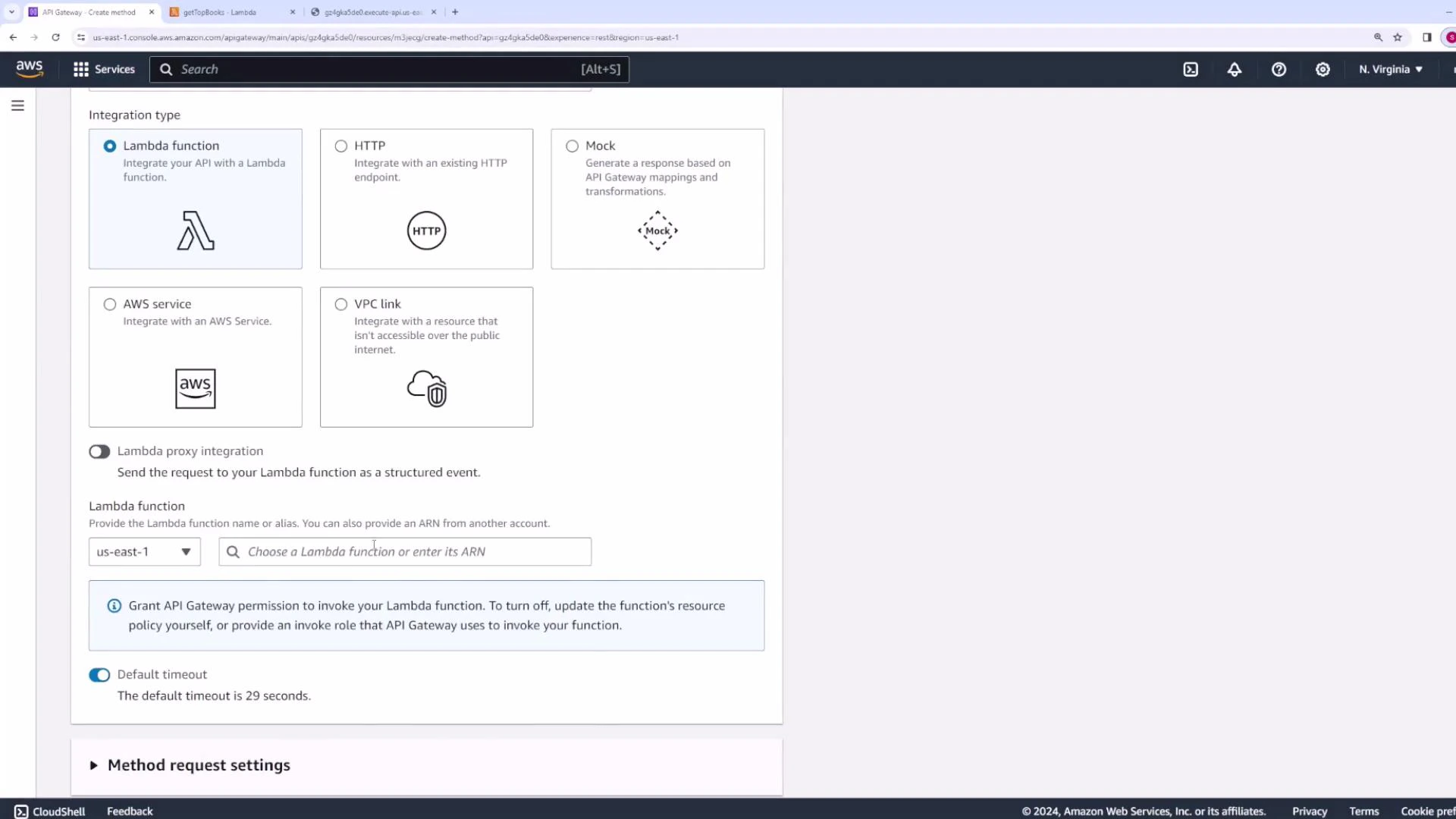 Screenshot of the AWS API Gateway console showing the "Integration type" panel with "Lambda function" selected, fields to choose a Lambda ARN, a lambda proxy integration toggle, and default timeout info. Other integration options like HTTP, Mock, AWS service, and VPC link are also visible.