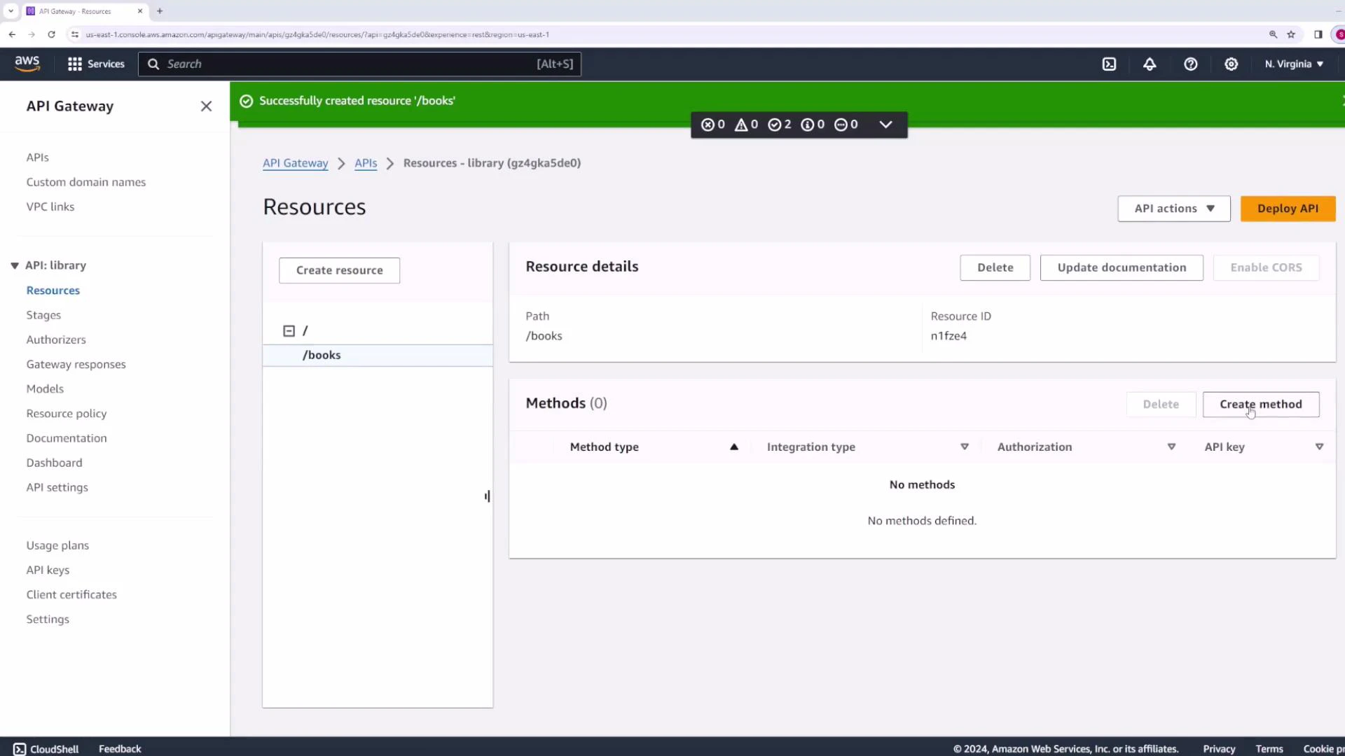 A screenshot of the AWS API Gateway console showing the Resources page for an API named "library" with the /books resource selected. A green banner reads "Successfully created resource '/books'" and the Methods panel shows no methods with a "Create method" button.