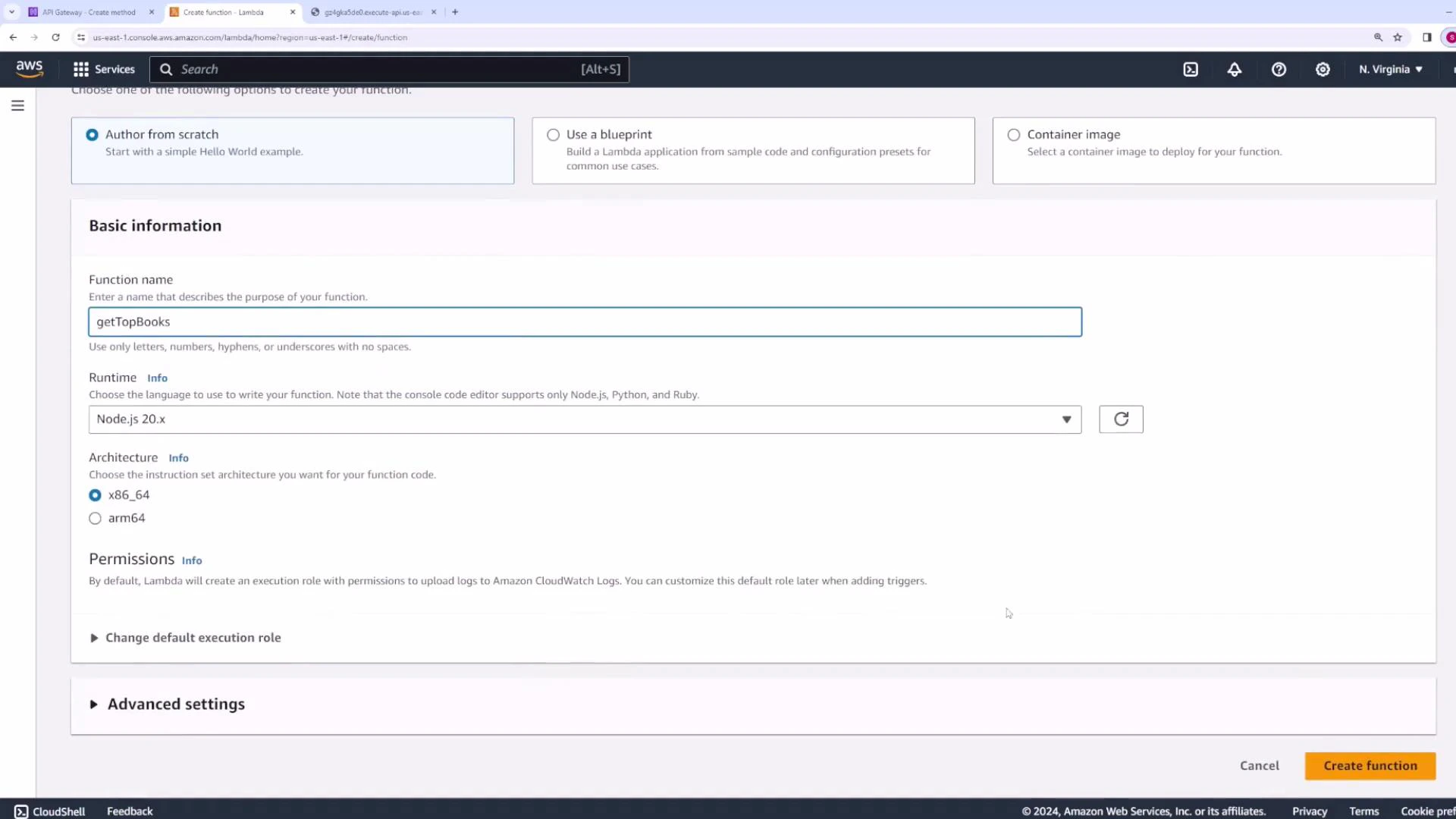 A screenshot of the AWS Lambda "Create function" console showing the "Author from scratch" form with the function name set to "getTopBooks." The runtime is set to Node.js 20.x, x86_64 architecture is selected, and a "Create function" button is visible.