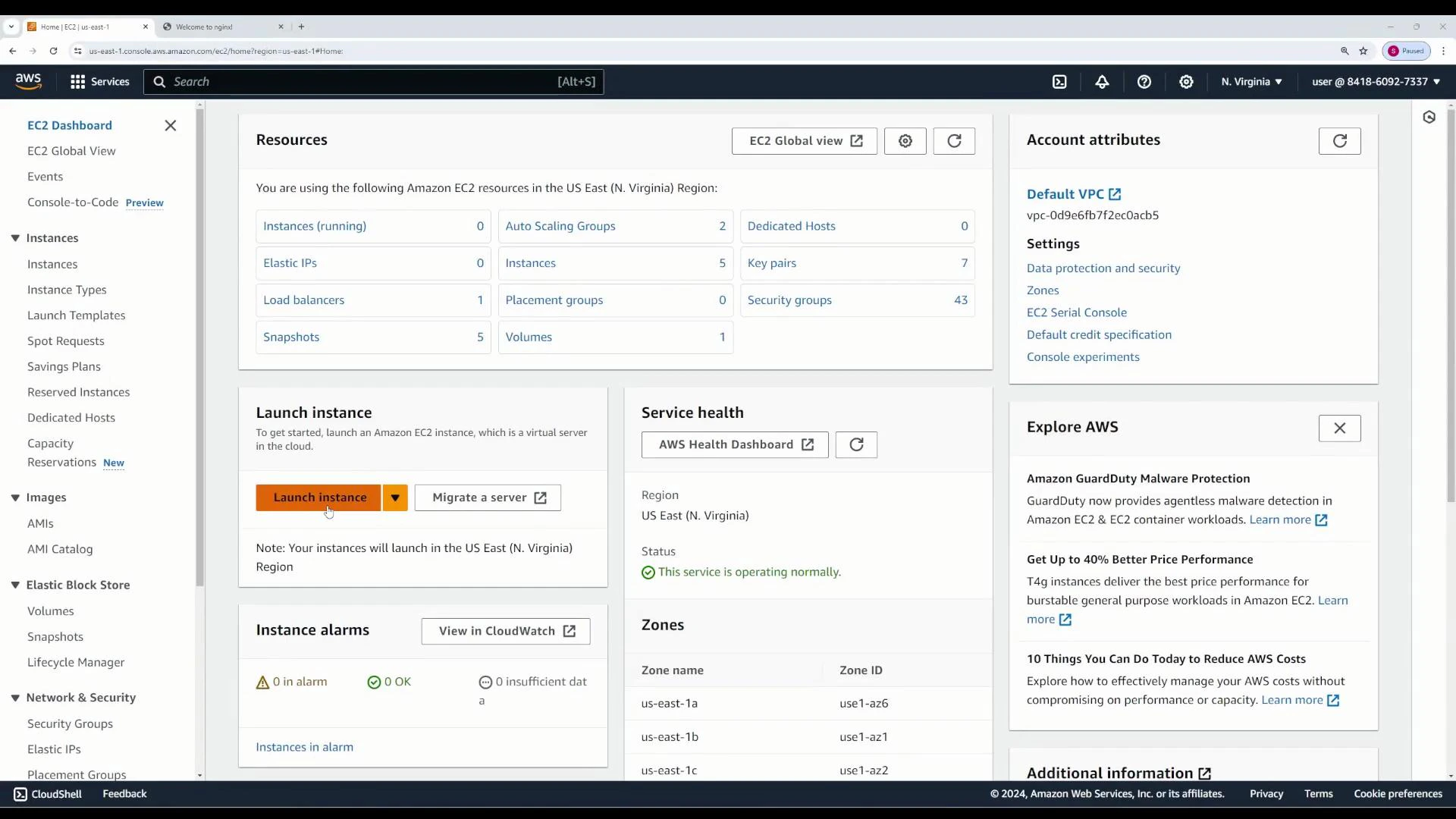 Screenshot of the Amazon Web Services EC2 console dashboard. It shows resource summaries, a "Launch instance" button, service health status, and the left-hand navigation for instances, images, and storage.