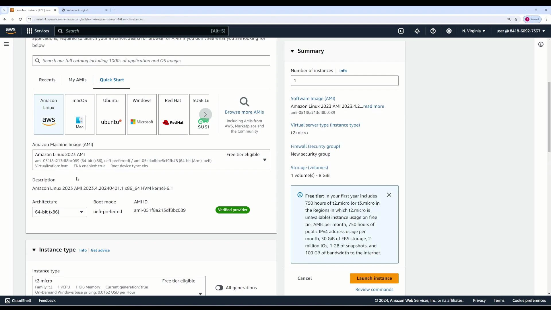 A screenshot of the AWS EC2 "Launch Instance" console showing AMI options (Amazon Linux, macOS, Ubuntu, Windows, etc.) and details on the right summary panel with a t2.micro instance selected and a "Launch instance" button.