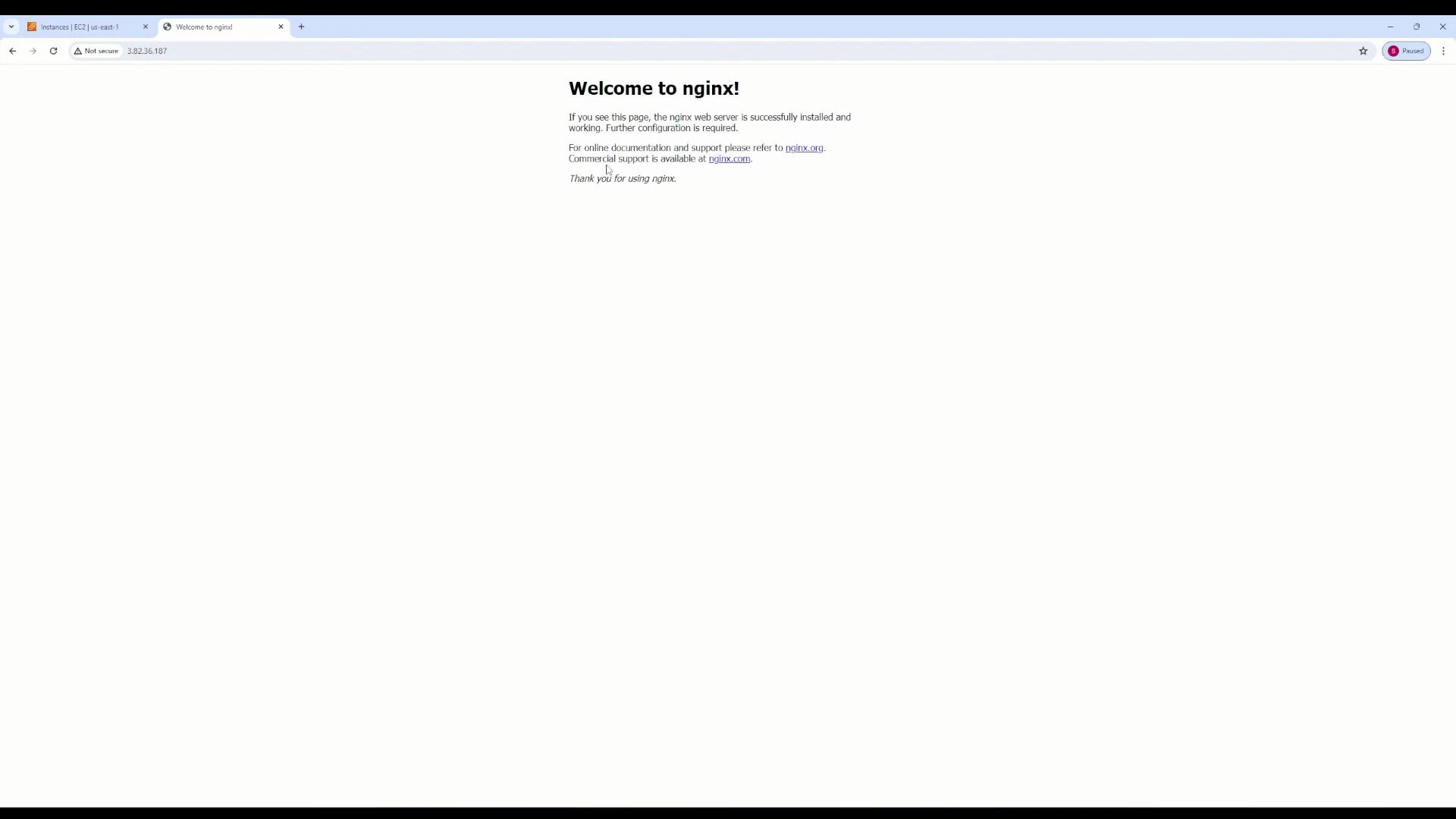 A screenshot of a web browser displaying the default "Welcome to nginx!" page (showing the nginx welcome text and links) served from an IP address. Browser tabs and the address bar are visible at the top.