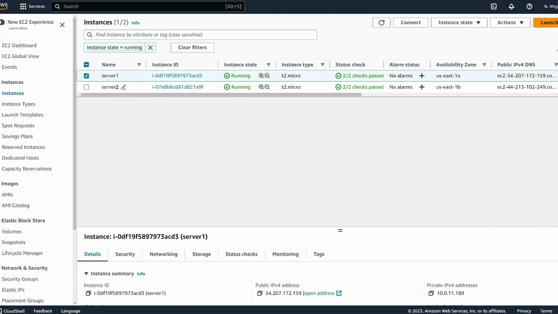 A screenshot of the AWS EC2 Instances console showing two running t2.micro instances (server1 and server2), each with 2/2 status checks passed and public IPv4 addresses listed.