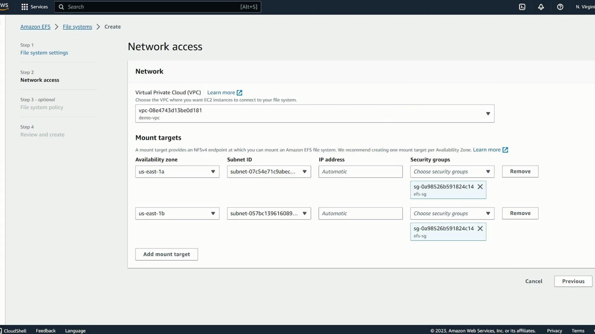 A screenshot of the Amazon Web Services console on the "Network access" step for creating an Amazon EFS file system, showing VPC selection and mount target configuration. It lists availability zones, subnet IDs, IP address settings, and security groups (efs-sg) for mount targets.