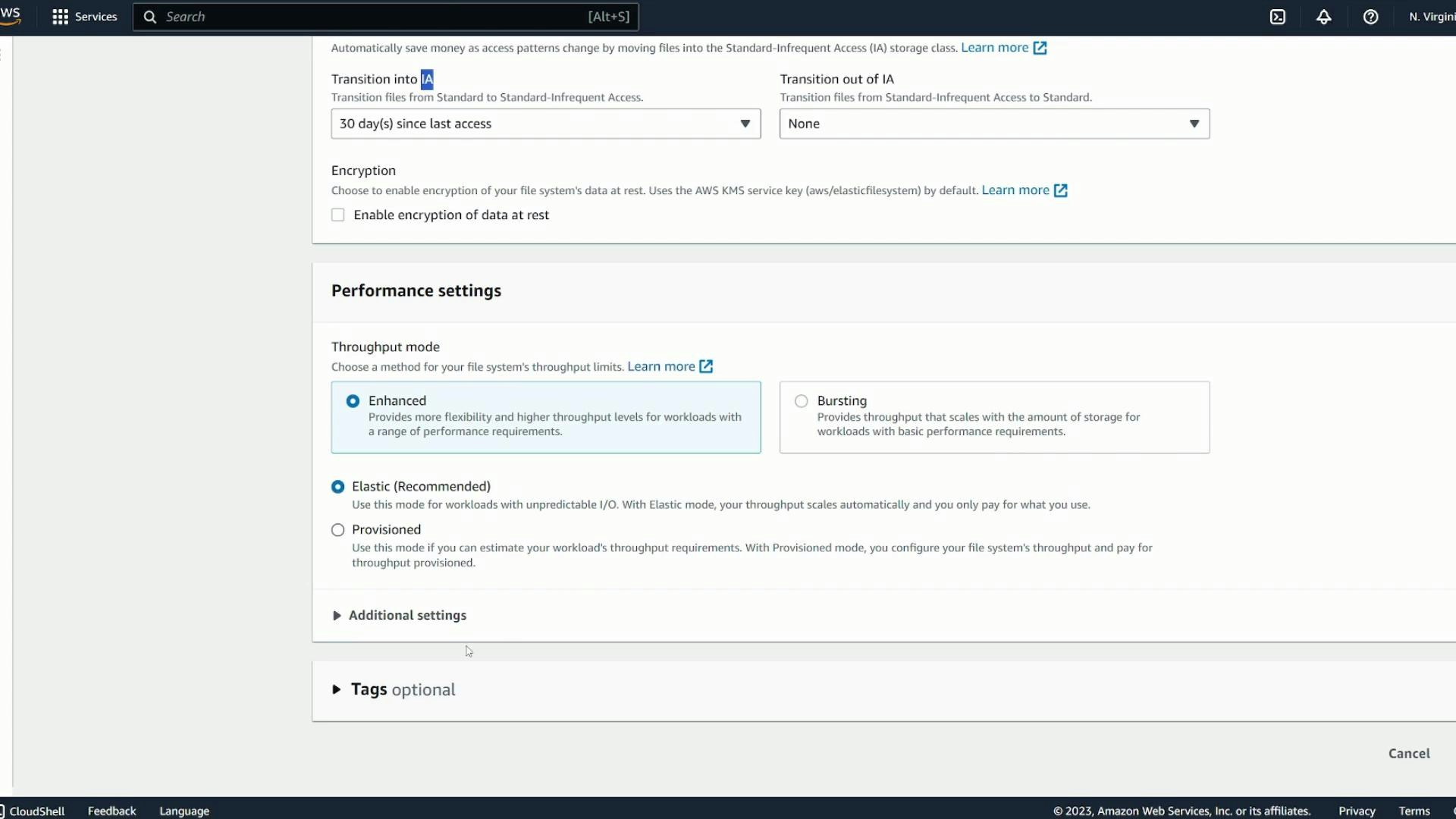 A screenshot of the Amazon Web Services console showing “Performance settings” for a file system, with throughput mode options like Enhanced, Bursting, Elastic (Recommended), and Provisioned. The page also displays encryption and transition-to-Infrequent-Access settings.