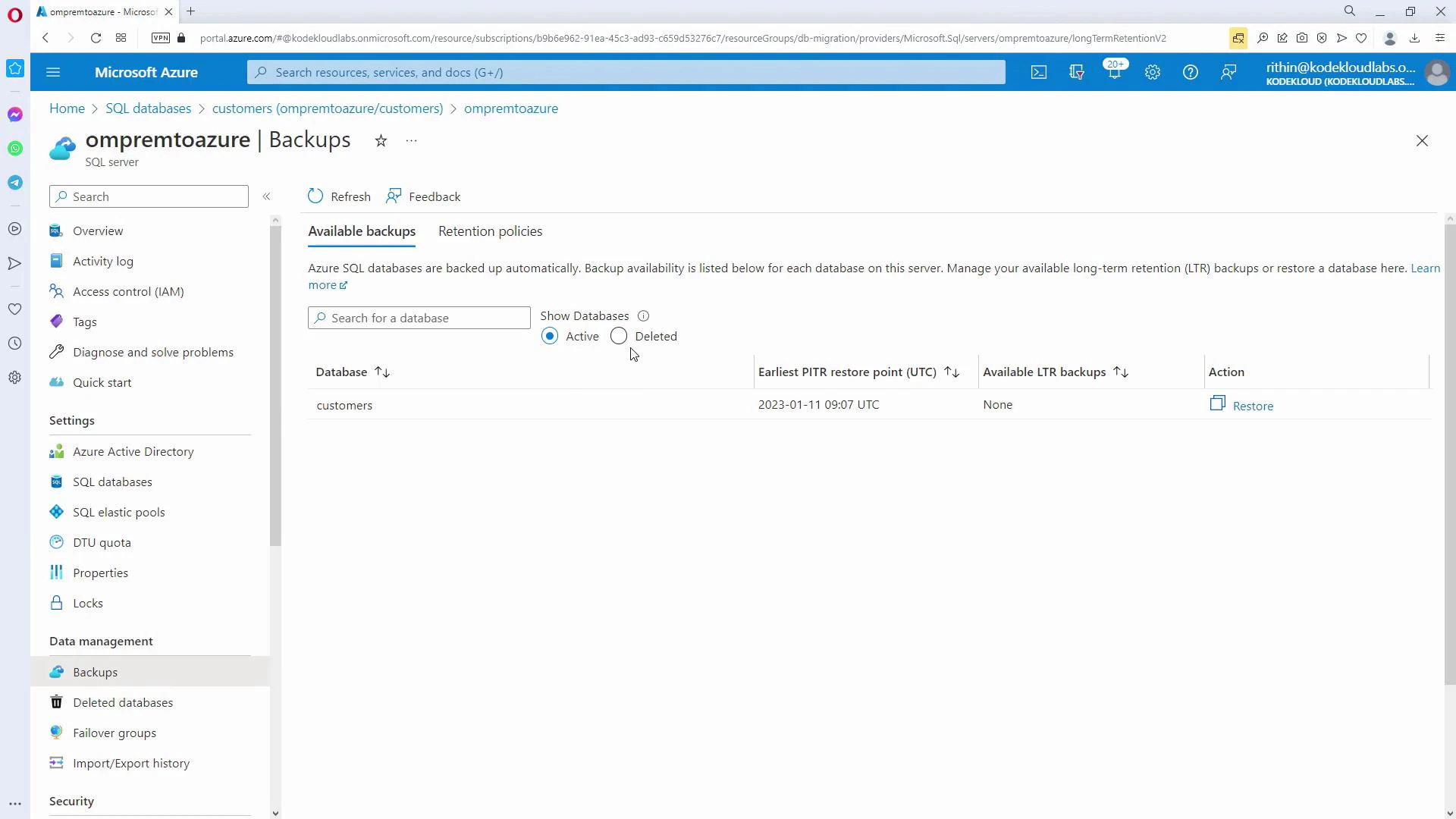 Screenshot of the Microsoft Azure portal on the "Backups" page for a SQL server, showing a "customers" database with its earliest PITR restore point and a "Restore" action. The left sidebar displays navigation items like Overview, Activity log, SQL databases, and Backups.