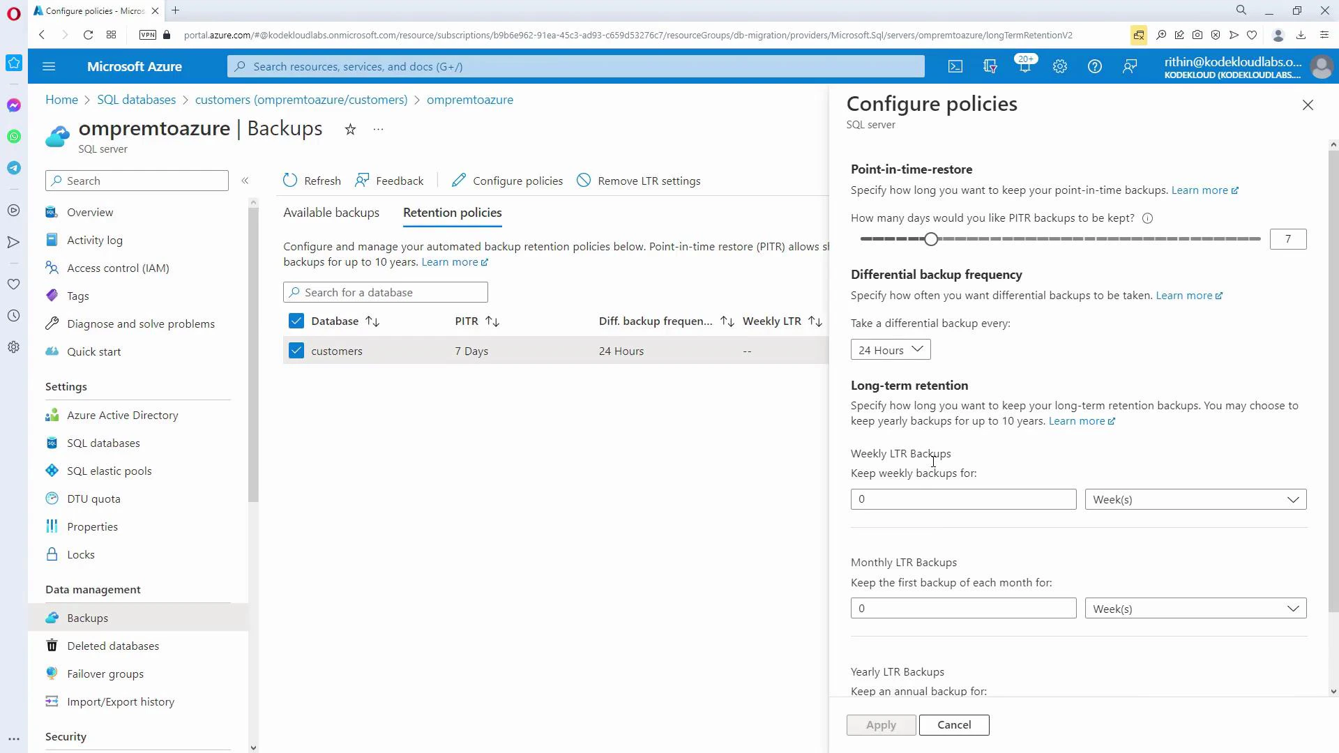 A screenshot of the Microsoft Azure portal showing the Backups page for the SQL server "ompremtoazure" with a "customers" database and retention policies listed (PITR 7 days, differential 24 hours). The "Configure policies" pane is open on the right with settings for point-in-time restore, differential backup frequency, and long-term retention.