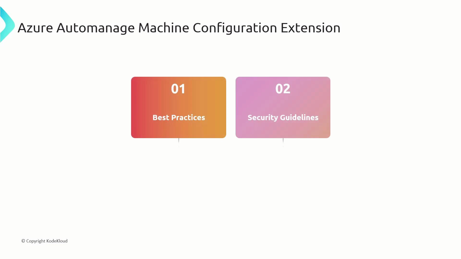 A presentation slide titled "Azure Automanage Machine Configuration Extension." It shows two rounded colored boxes labeled "01 Best Practices" and "02 Security Guidelines."