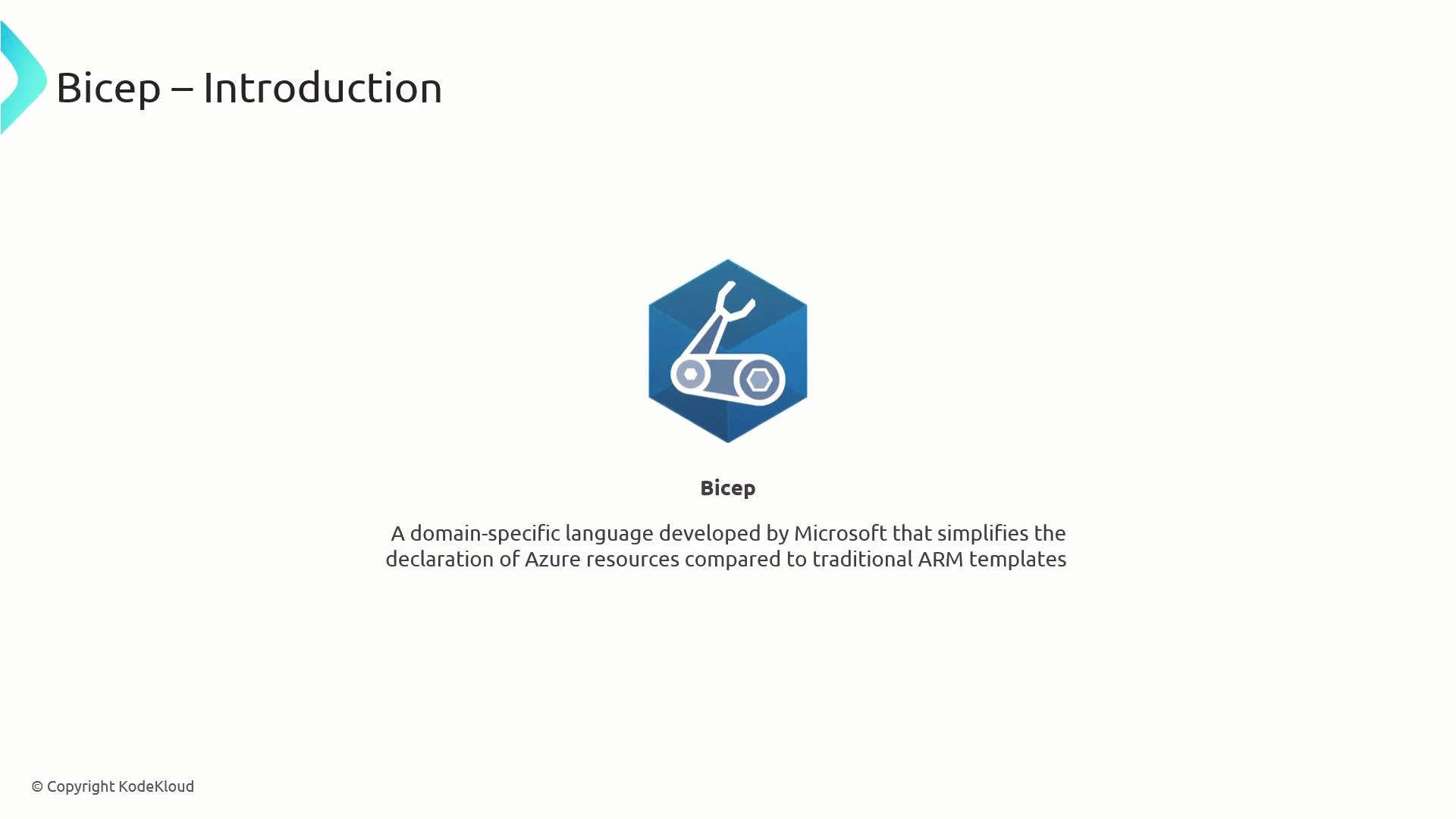 A presentation slide titled "Bicep – Introduction" with a centered blue hexagon Bicep logo. The text says Bicep is a Microsoft domain-specific language that simplifies declaring Azure resources compared to traditional ARM templates.