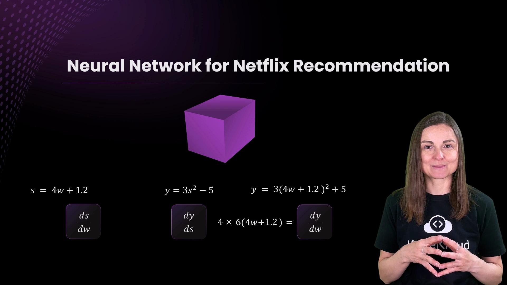 The image shows a presentation slide discussing "Neural Network for Netflix Recommendation" with mathematical equations and a speaker standing on the right.