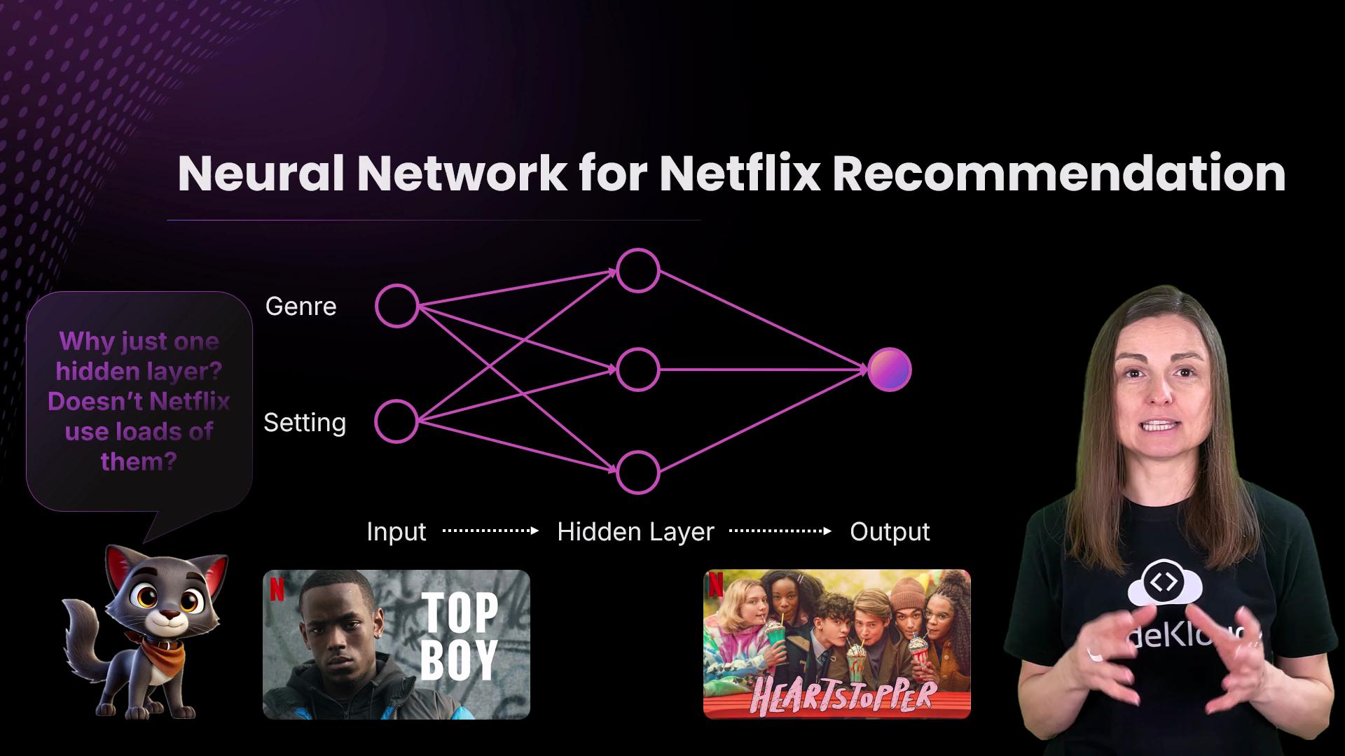 The image illustrates a neural network model for Netflix recommendations, showing inputs as genre and setting, a hidden layer, and outputs with TV show examples. A person is explaining the concept alongside a cartoon cat asking a question about hidden layers.
