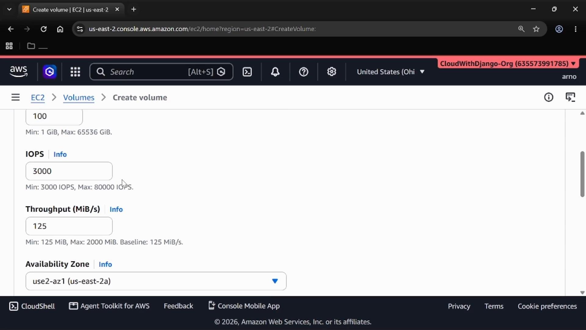 Screenshot of the AWS EC2 "Create volume" page showing volume settings — Size 100 GiB, IOPS 3000, Throughput 125 MiB/s, and Availability Zone use2-az1 (us-east-2a). The top bar shows the CloudWithDjango-Org account in the us-east-2 region.