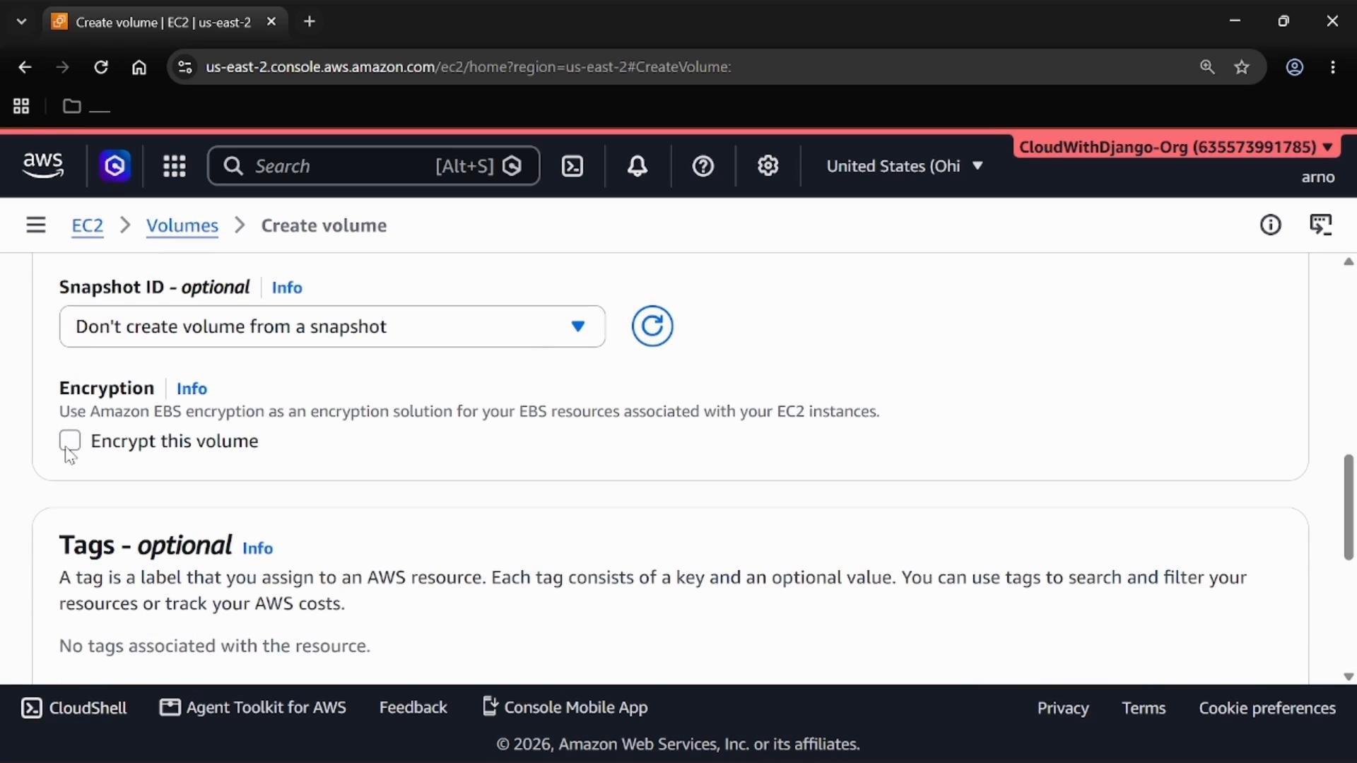 Screenshot of the AWS EC2 "Create volume" page showing options for Snapshot ID, an "Encrypt this volume" checkbox for EBS encryption, and a section for optional tags.