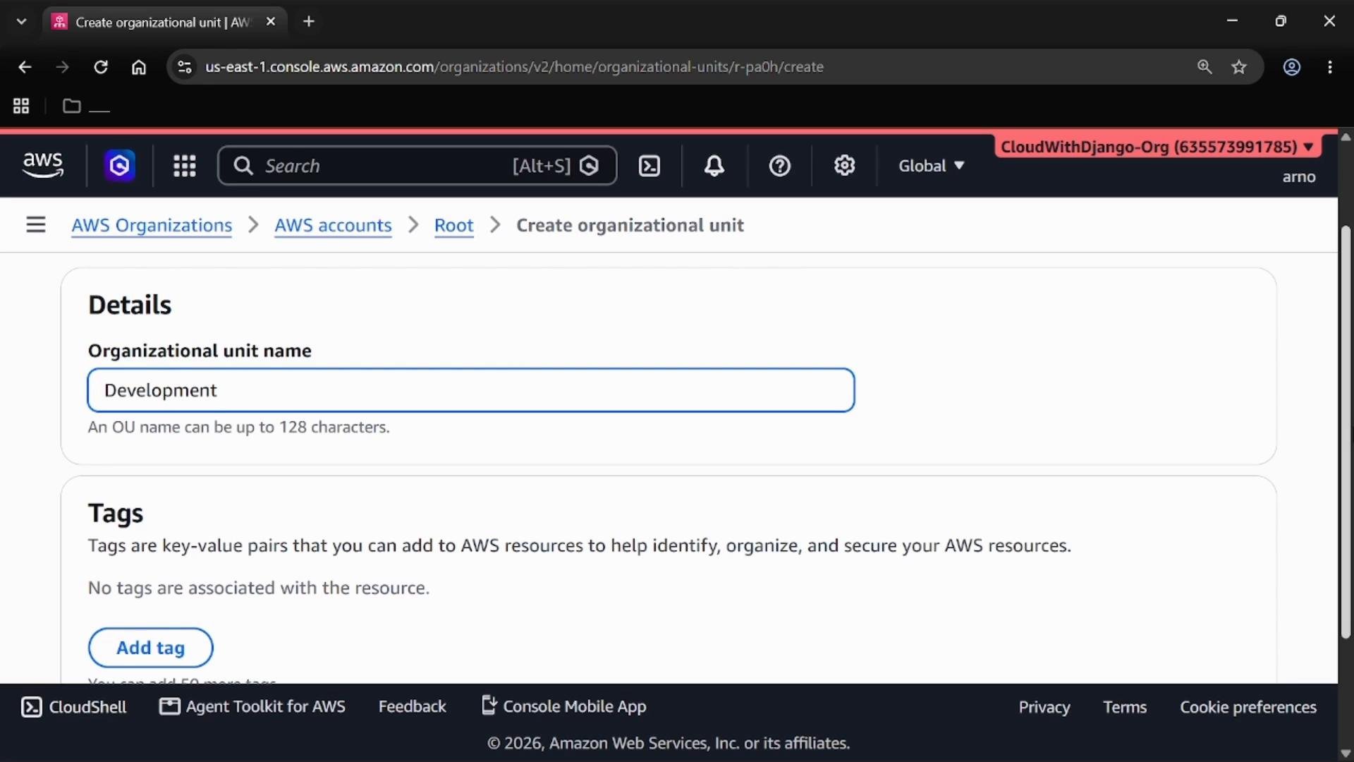 Browser screenshot of the AWS Organizations "Create organizational unit" page with the Organizational unit name filled as "Development" and a Tags section shown below.