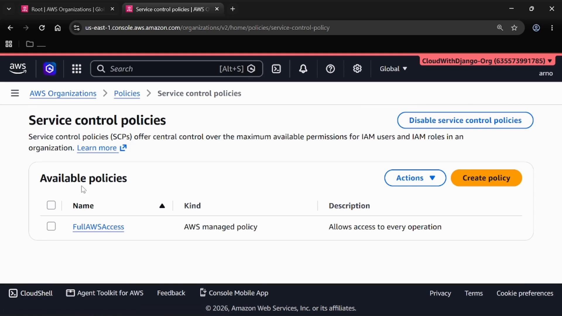 A screenshot of the AWS Organizations "Service control policies" console. It shows available policies (e.g., FullAWSAccess) and buttons to create a policy or disable service control policies.
