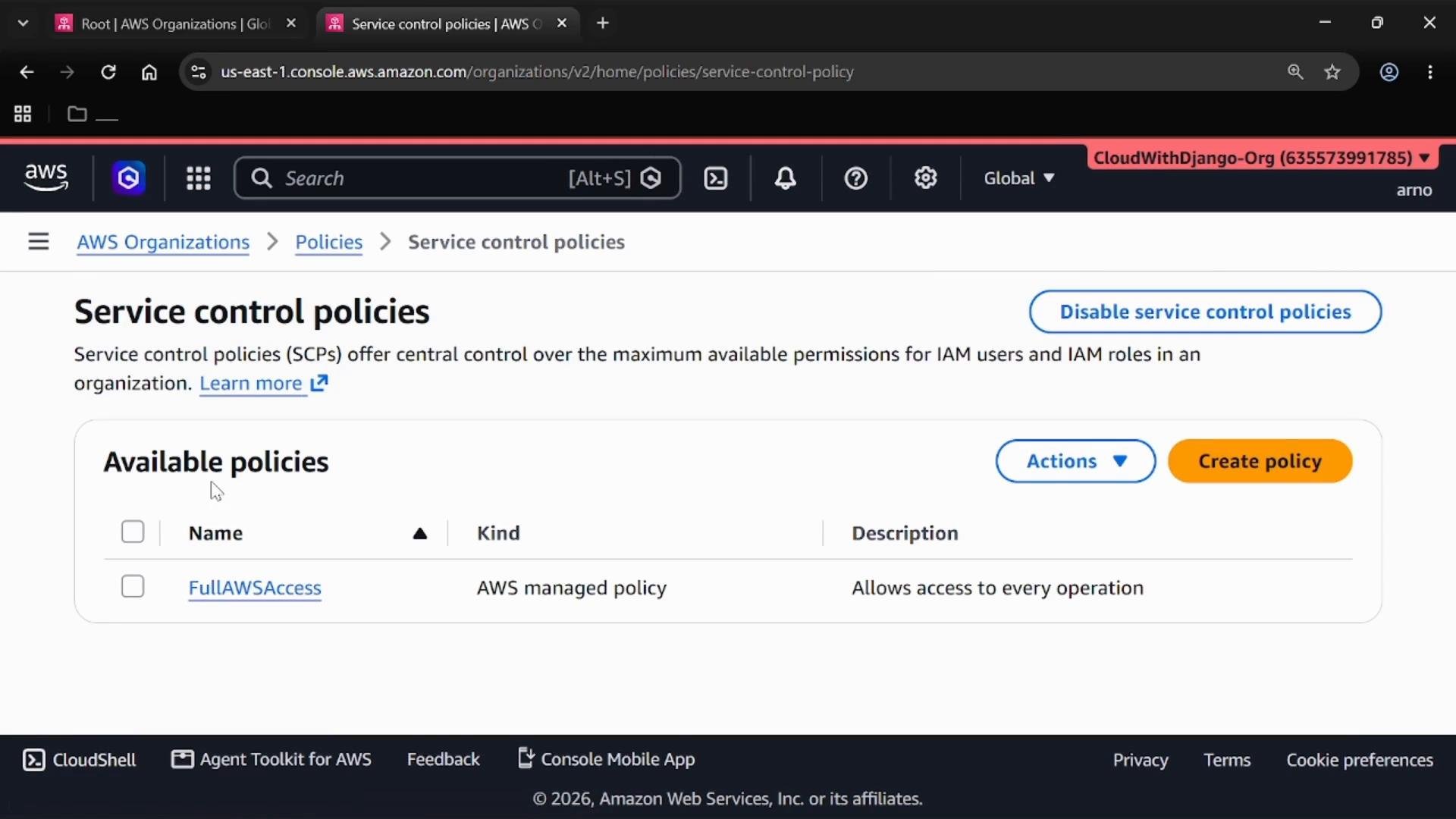 A screenshot of the AWS Organizations "Service control policies" console. It shows available policies (e.g., FullAWSAccess) and buttons to create a policy or disable service control policies.