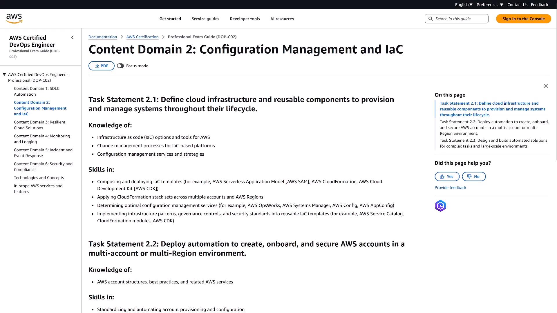 A screenshot of an AWS documentation page titled "Content Domain 2: Configuration Management and IaC" from the AWS Certified DevOps Engineer (Professional) exam guide. The page shows task statements with knowledge and skills bullet points, left-hand navigation, and a right-side "On this page" panel.