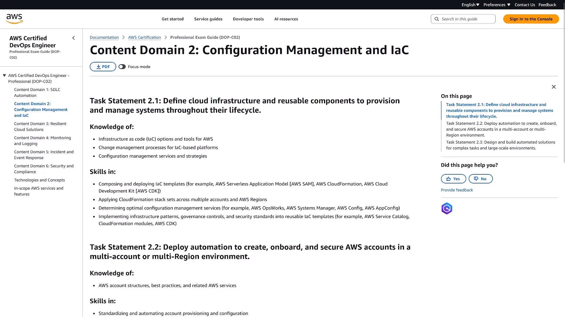 A screenshot of an AWS documentation page titled "Content Domain 2: Configuration Management and IaC" from the AWS Certified DevOps Engineer (Professional) exam guide. The page shows task statements with knowledge and skills bullet points, left-hand navigation, and a right-side "On this page" panel.
