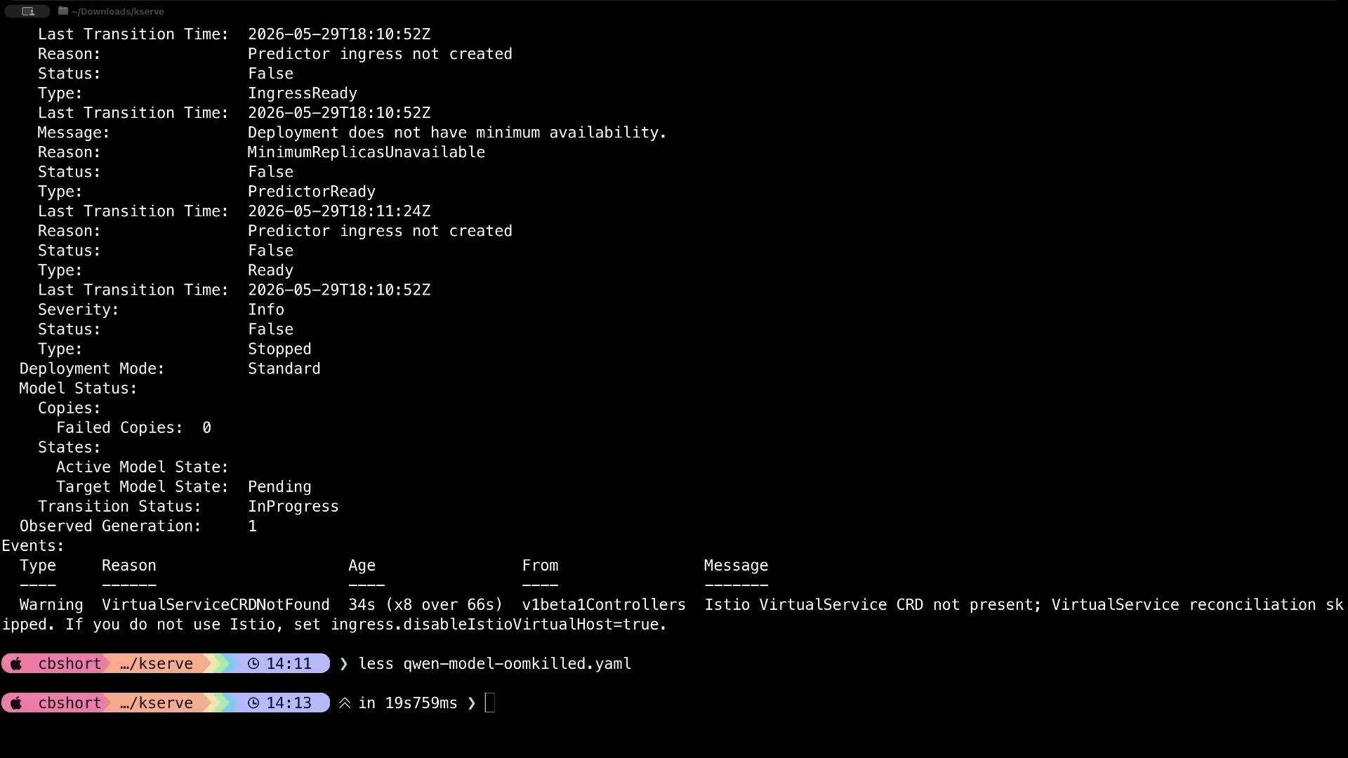 The image displays a terminal output with information on a deployment, showing status updates and reasons for issues related to a predictor ingress and minimum replicas.