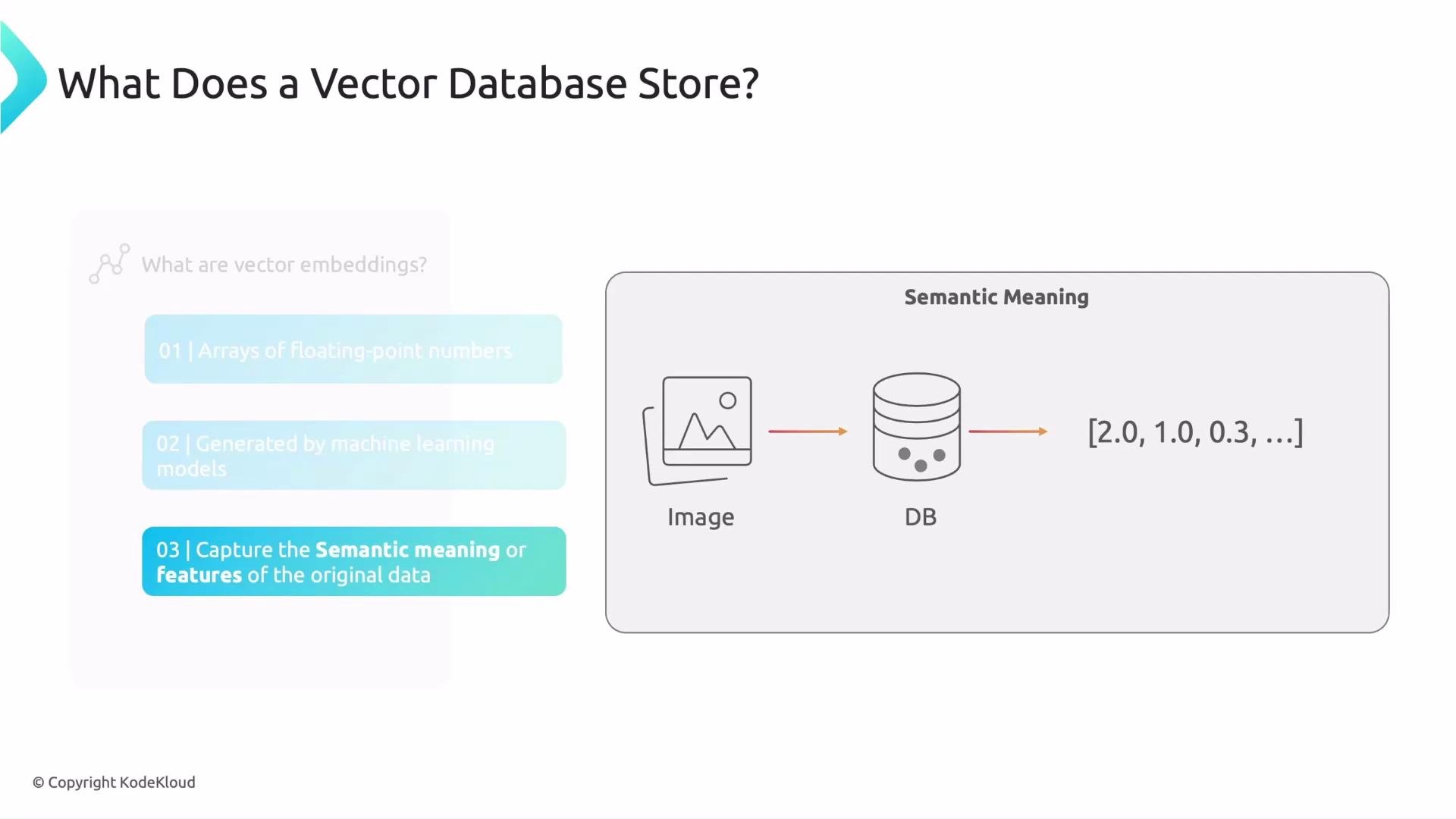 The image explains the concept of vector embeddings and shows how a vector database stores semantic meanings from images as arrays of floating-point numbers using machine learning models.