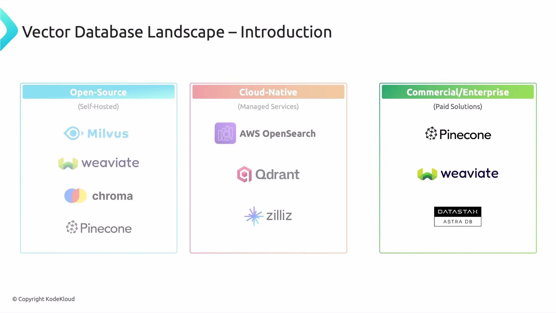 The image outlines different vector database options categorized into Open-Source (Self-Hosted), Cloud-Native (Managed Services), and Commercial/Enterprise (Paid Solutions), listing examples under each category.