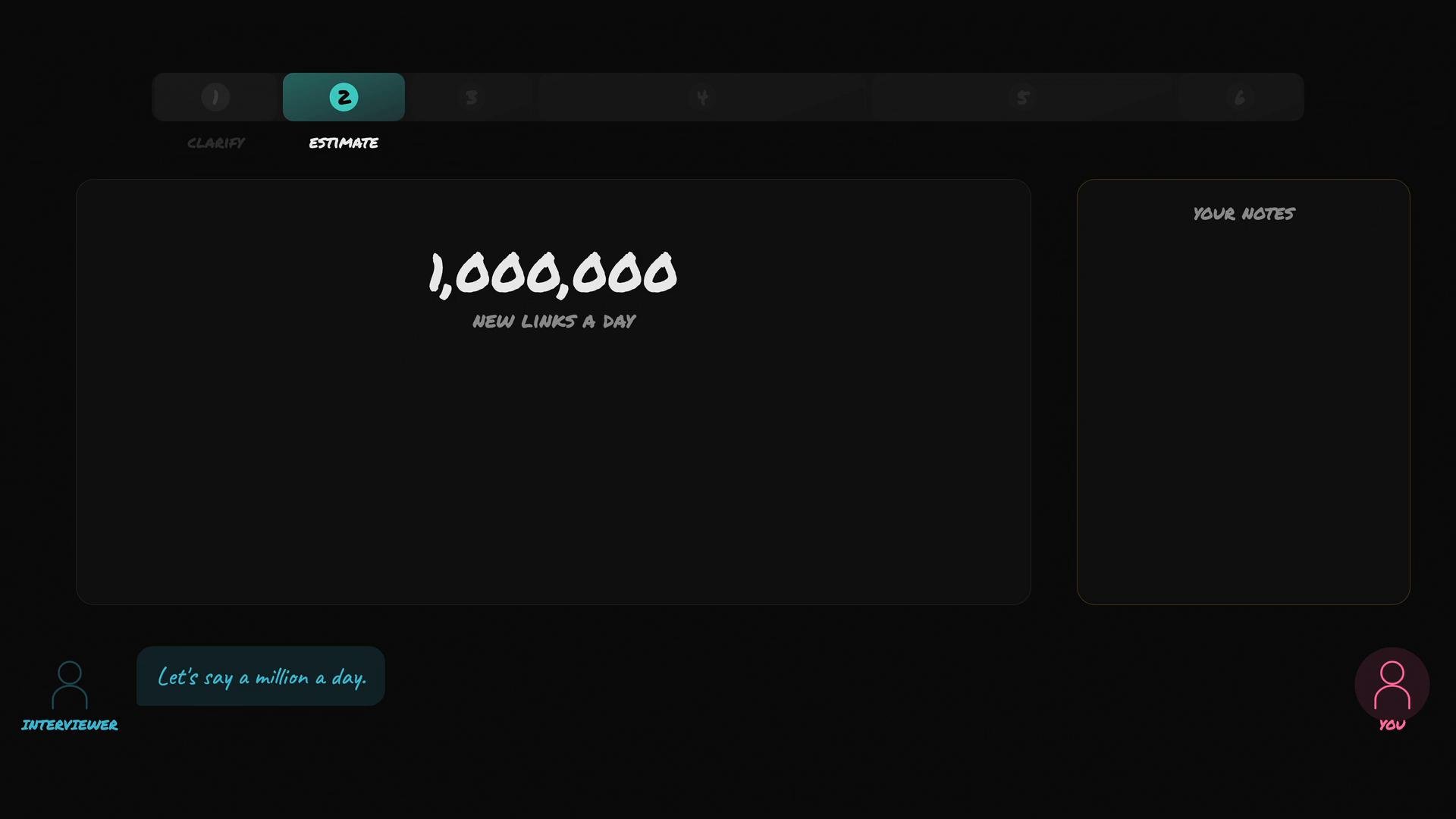 A dark-themed app screen with a highlighted "Estimate" step showing the large text "1,000,000" and the caption "new links a day." A small chat bubble at the bottom left says "Let's say a million a day."