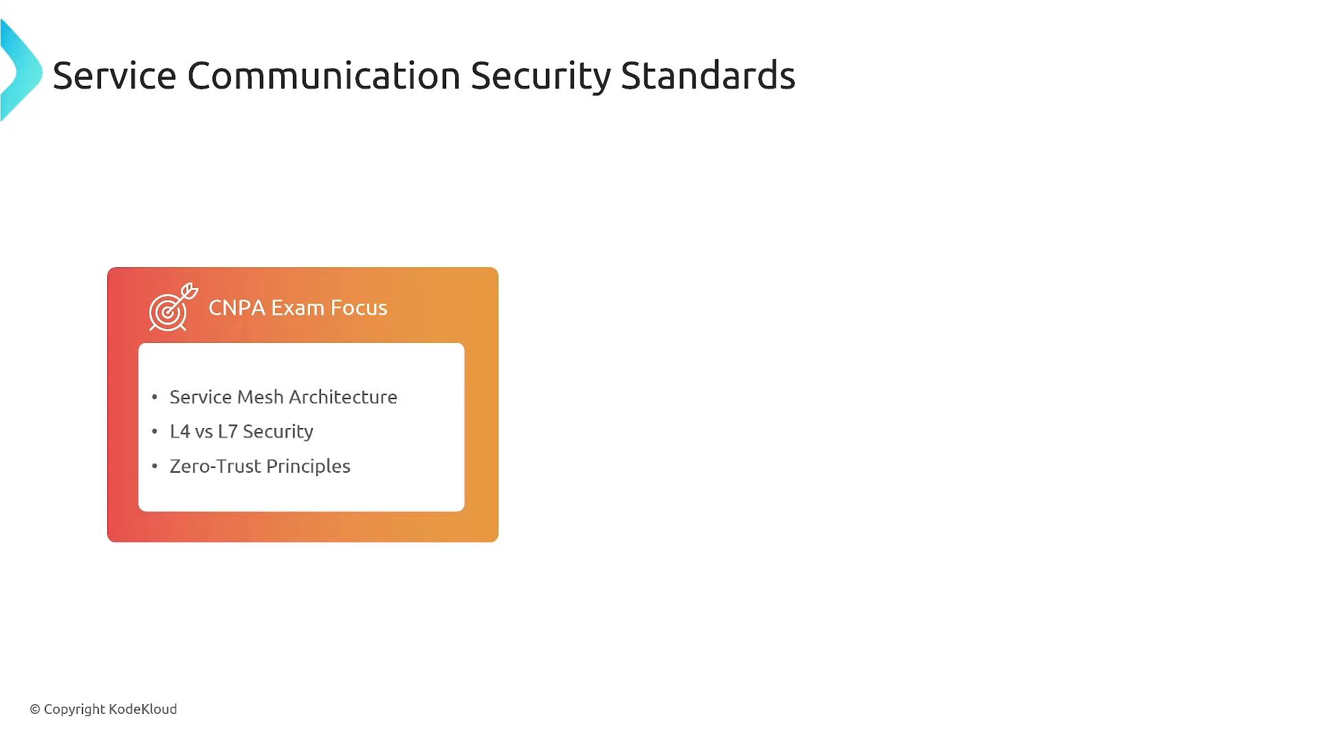 A presentation slide titled "Service Communication Security Standards" with a CNPA Exam Focus box listing Service Mesh Architecture, L4 vs L7 Security, and Zero-Trust Principles. The slide shows a copyright notice for KodeKloud.