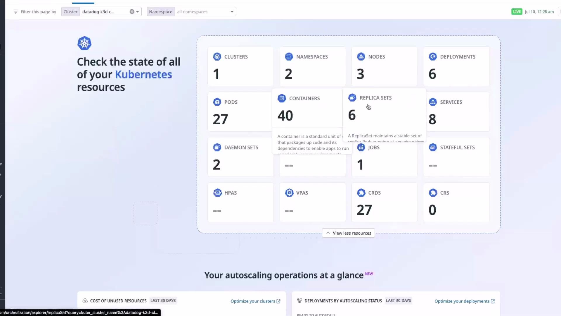 The image shows a dashboard for monitoring Kubernetes resources, displaying various metrics like clusters, nodes, pods, and containers. Each section provides insights into the current state and usage of these resources.
