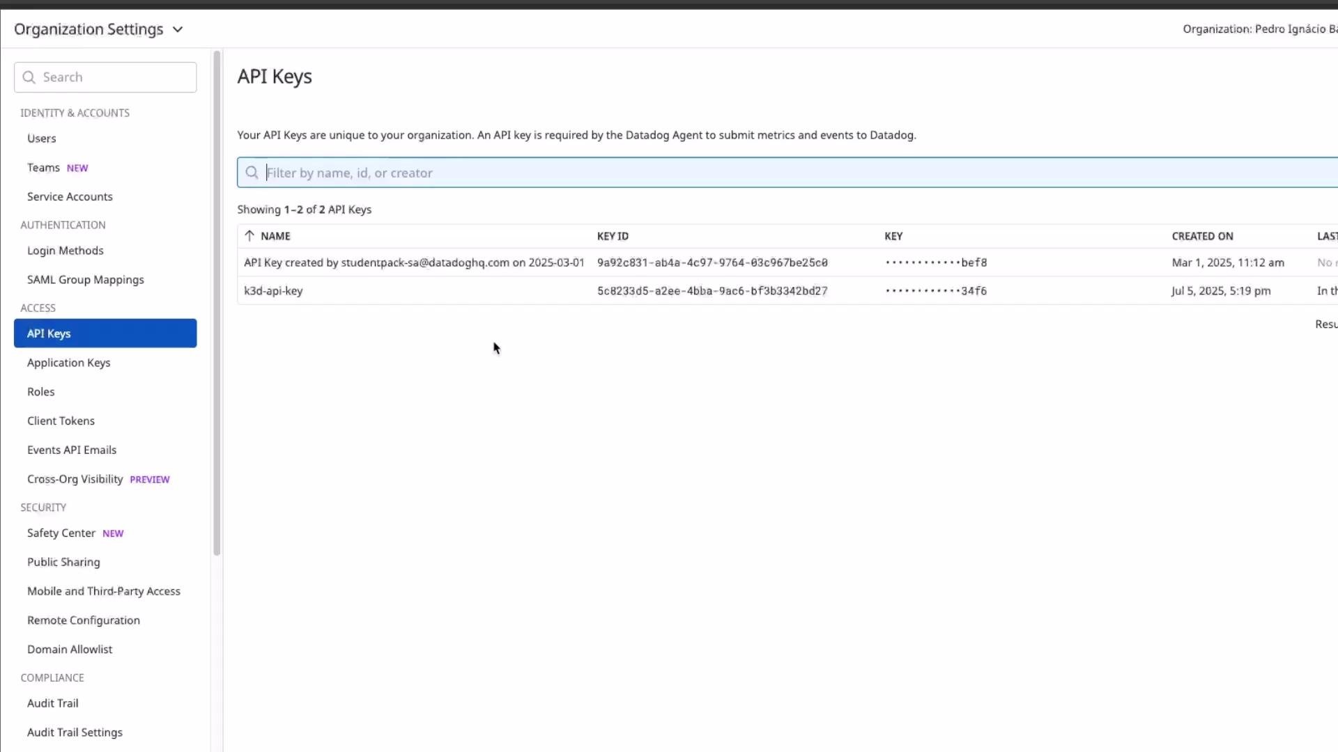The image shows a screen from an application under "Organization Settings," specifically displaying a list of API keys along with their details such as name, key ID, creation date, and last used date.