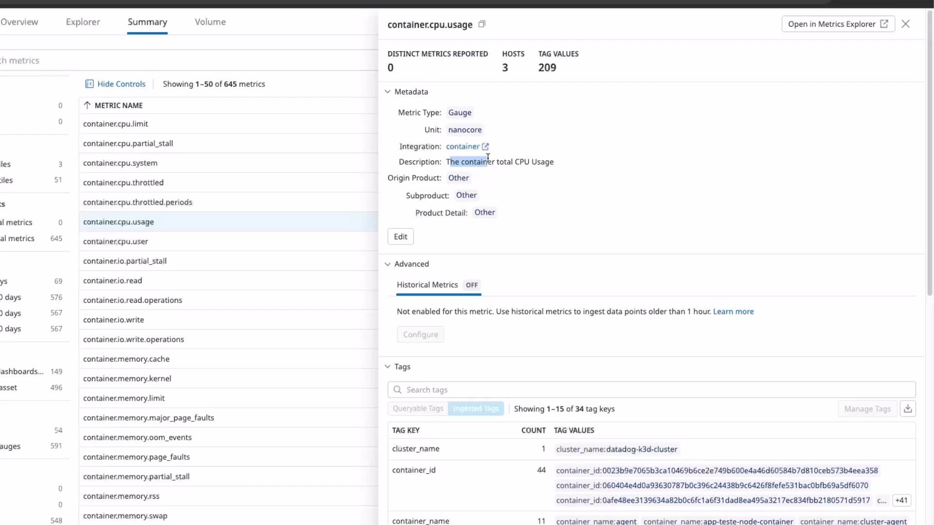 The image shows a software interface displaying container metrics, including CPU usage details, metadata, and tag information. It includes options for editing metrics and configuring historical data points.