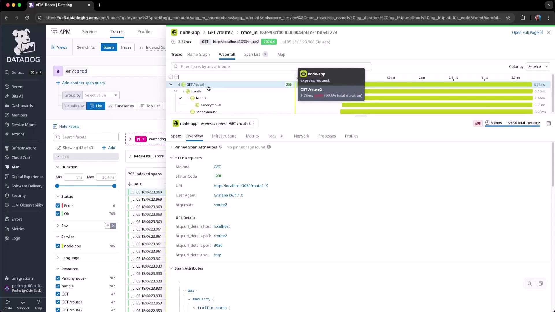 The image is a screenshot of the Datadog application showing APM trace details for a GET /route2 request, including duration, HTTP request details, and span attributes.