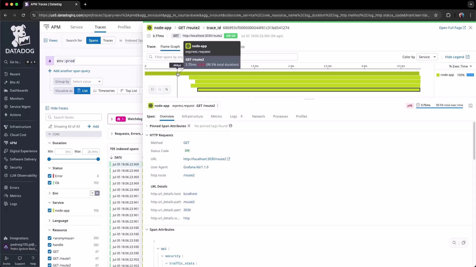 The image shows a Datadog dashboard displaying APM traces for a Node.js application, with details on HTTP requests and execution time in a graphical and textual format.