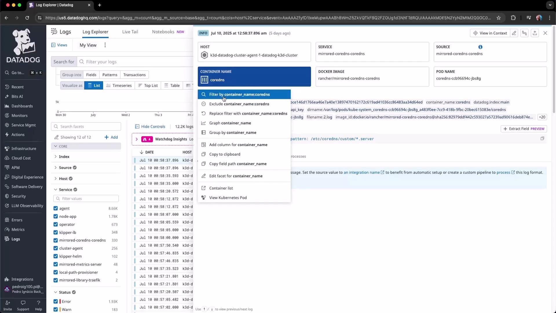 The image is a screenshot of the Datadog Log Explorer interface, showing log details and filtering options within a web browser.