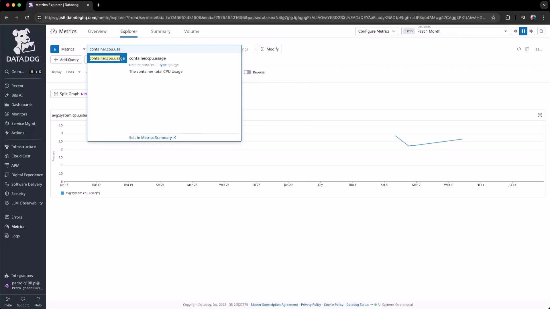 The image shows a Datadog Metrics Explorer interface displaying a graph of average system CPU usage over time, with a search for container CPU usage metrics.
