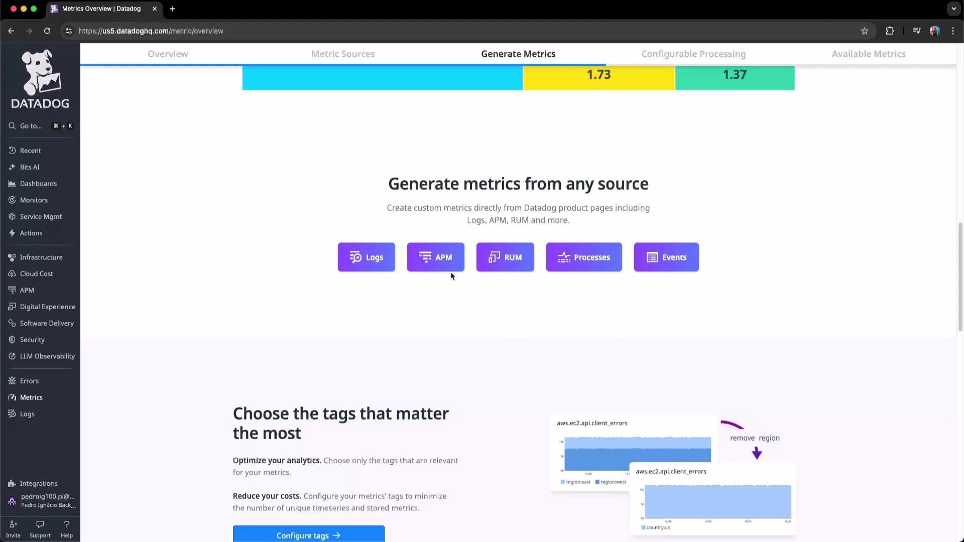 The image shows the Datadog Metrics Overview interface, highlighting options for generating metrics from various sources like logs, APM, and processes. There are navigation items on the left and options to configure tags for analytics optimization.